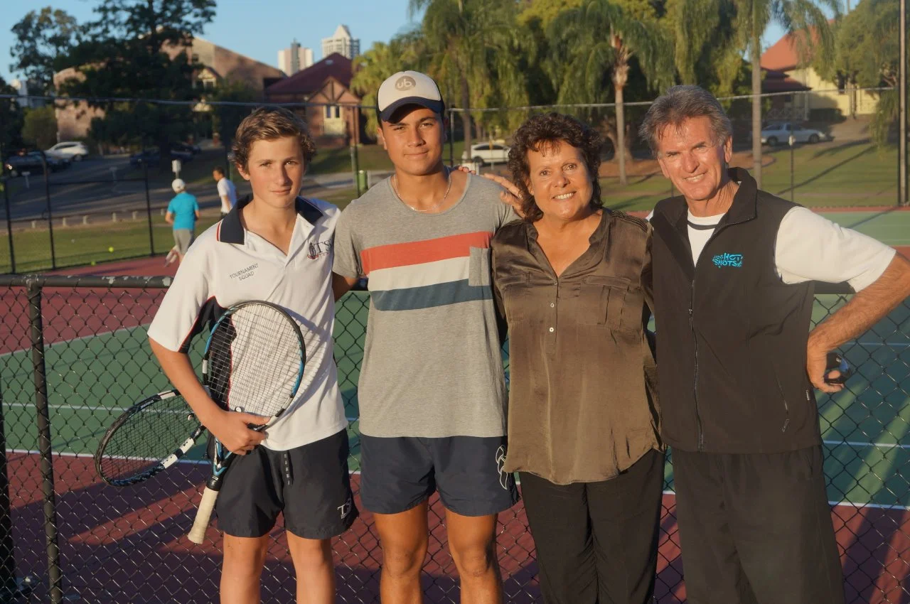 This photo was taken at the courts of the Saunders Tennis Academy at The Southport School. From left Jesse Russell, Dwayne Anderson, Evonne and Terry Saunders the STA boss.