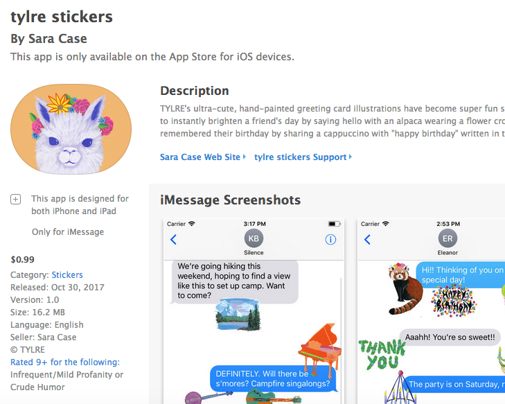 APPLE APP STORE!! i've taken a big handful of illustrations from my greeting cards and made them into a sticker pack for imessage! iphone & ipad users, check it out! just search for "TYLRE STICKERS" in the app store! at the very least now you know my first name is sara and i actually go by my middle name! a lifetime of "why do you go by your middle name? isn't that a boy name?" i don't have an interesting explanation. this is just how it is. anyway the stickers are really fun! check them out!