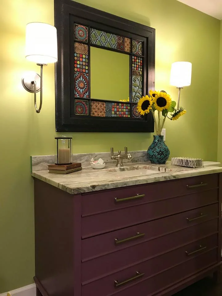 Handmade stoneware tile mosaic mirror in client’s Party Barn
