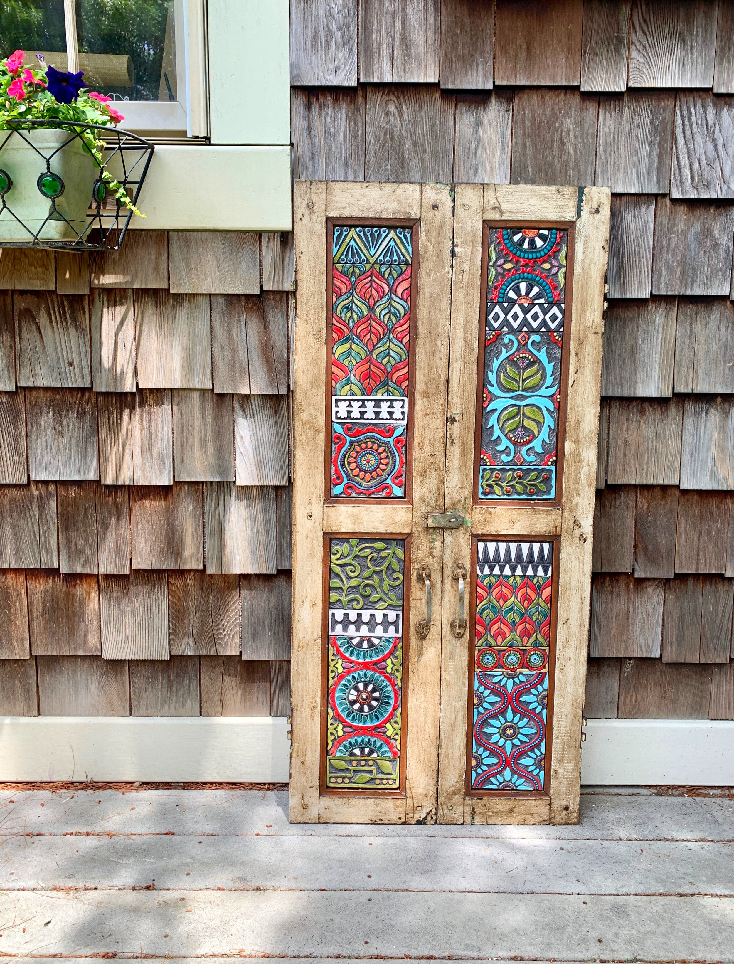 Ceramic Wall Art on Vintage Indian Shutters