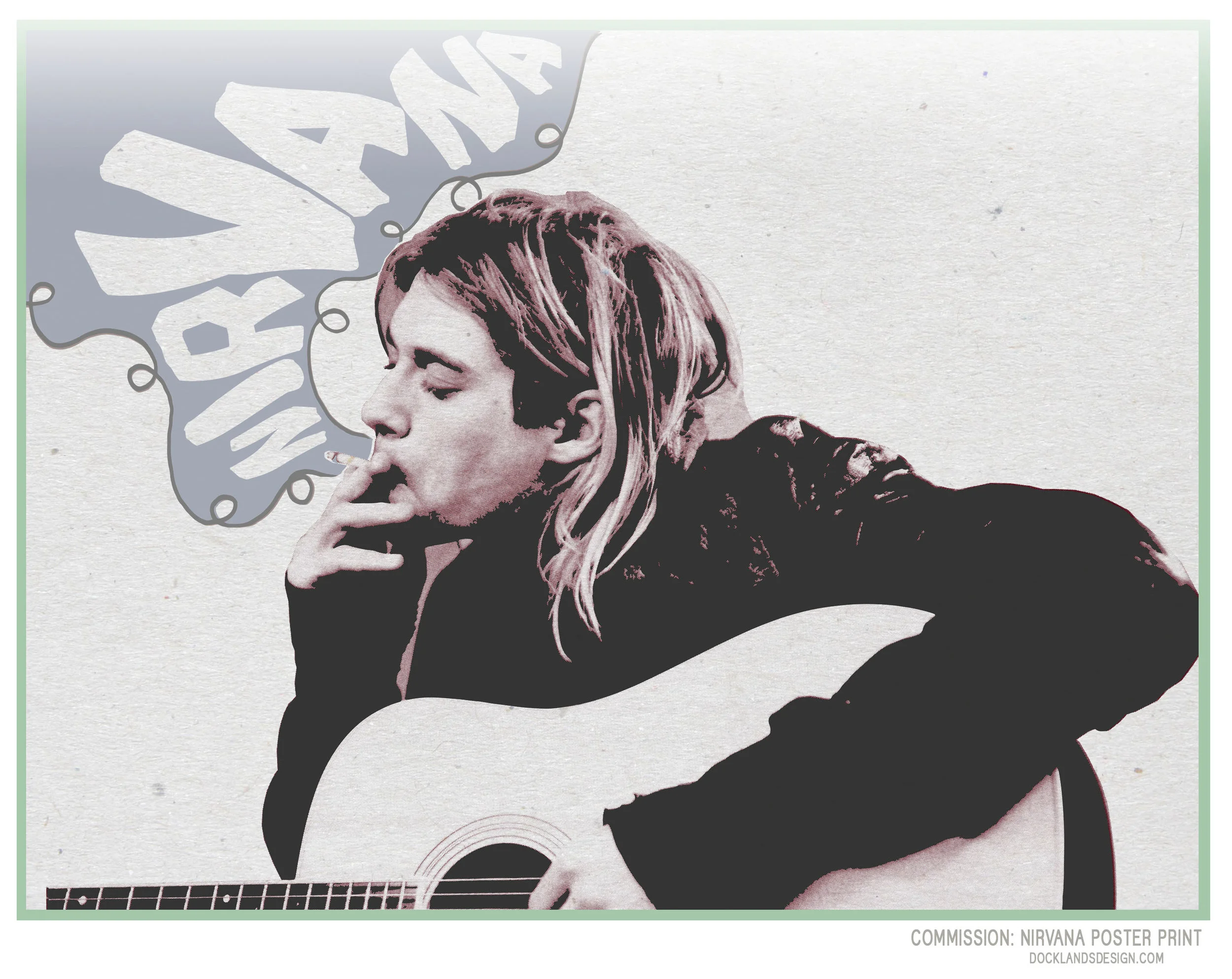 Mark's Birthday Poster print: Kurt Cobain/Nirvana. This print was just as important and fun for me as for Mark. I grew up with Nirvana's music, and probably owe the culture surrounding them a lot of my own ideals in life. 24" x 19" commission print. 