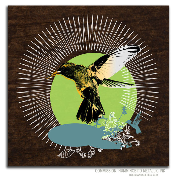 Sometimes we do commissions and get free/total artistic control. This print on stained birch is from Shenny to Hiram, and features metallic ink (hard to see without light reflection here) mixed in to all of the inks. The orange and silver gradient across the hummingbird's body is on of our favorite things to come out of Docklands studio. Commission print on birch 12" x 12".