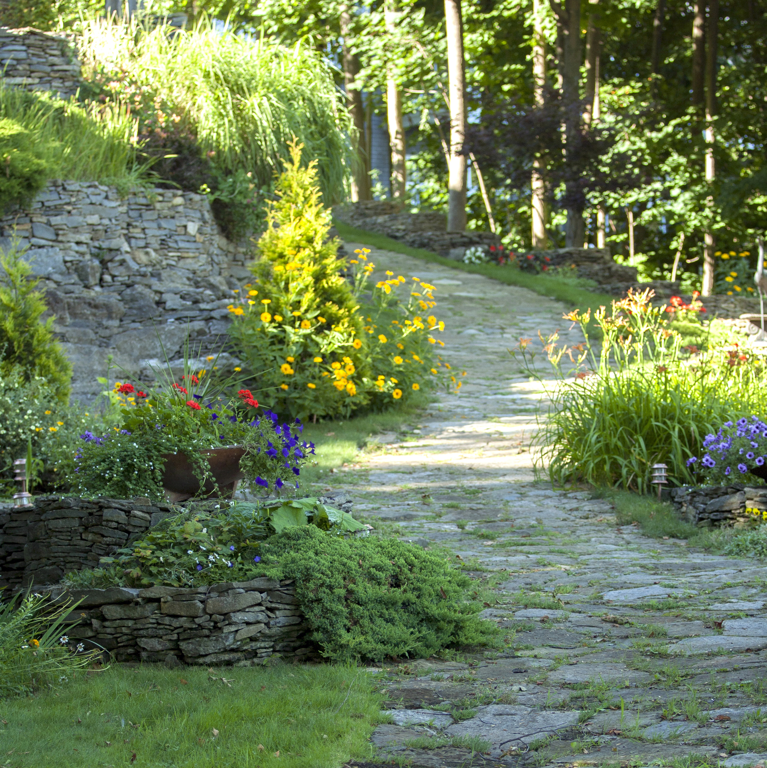 Landscape Design | Terrace Gardens | Dry Lay Stone Path | Waterfront Dream Home | Riverview Design Solutions | Prescott, Ontario, Canada