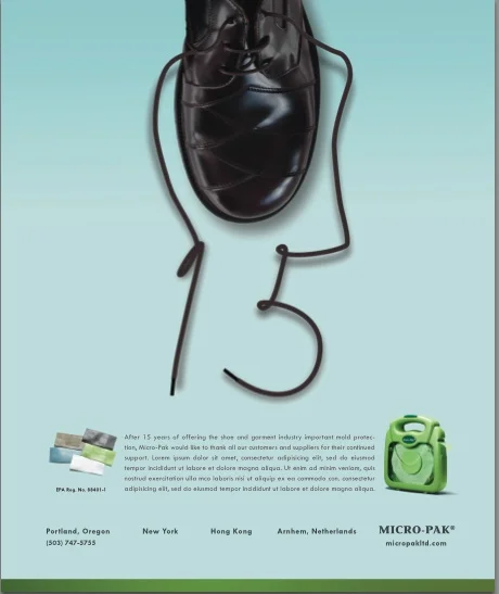 (Above: Ad celebrating 15 years of serving the footwear industry.)