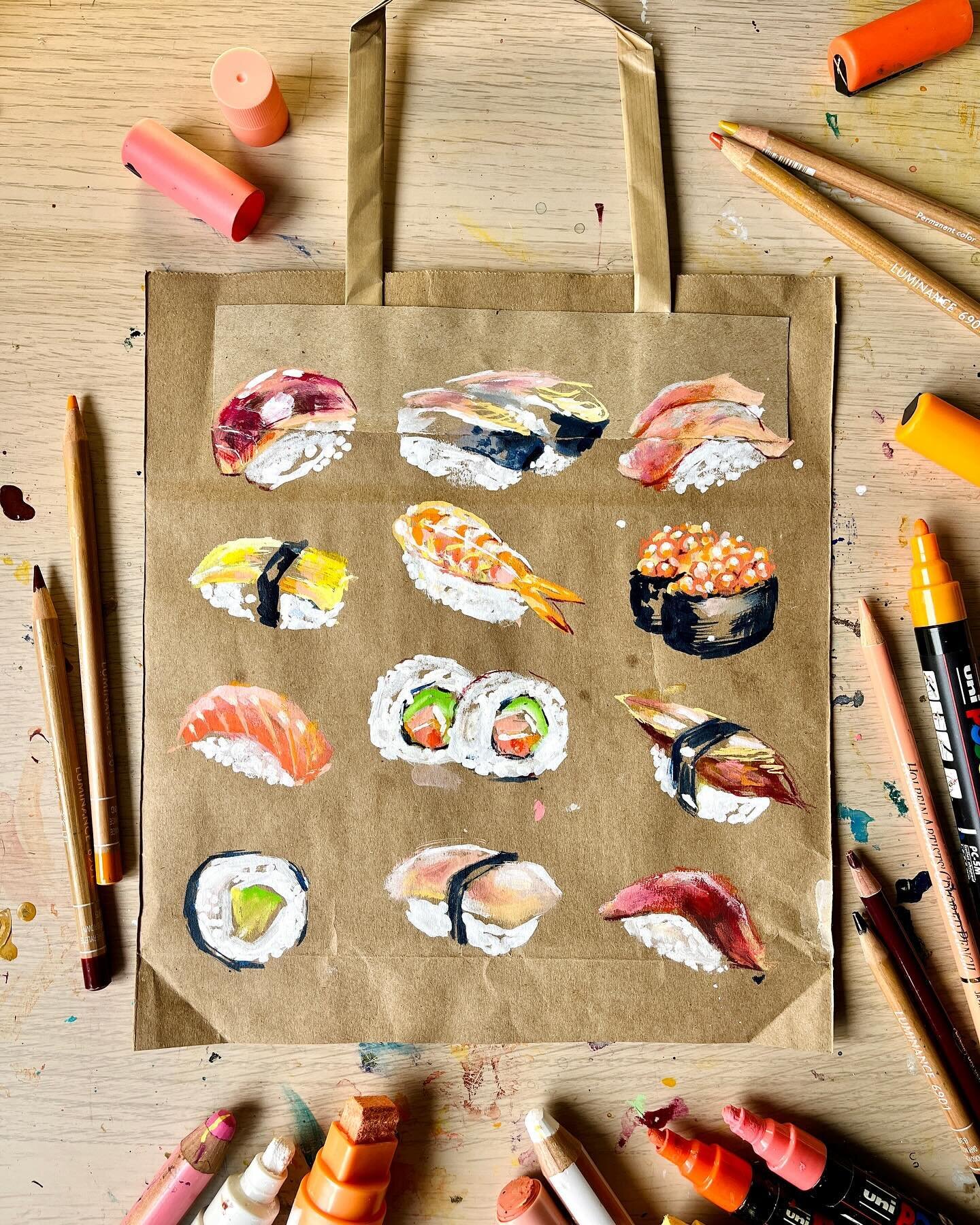 🍣I pulled apart @wasabiuk paper bag and crated some sushi on the inside. Using a mixture of acrylic markers, paint sticks and colour pencil blended with my finger I crafted some maki and nigiri. 🍱I think they turned out pretty well considering it&r