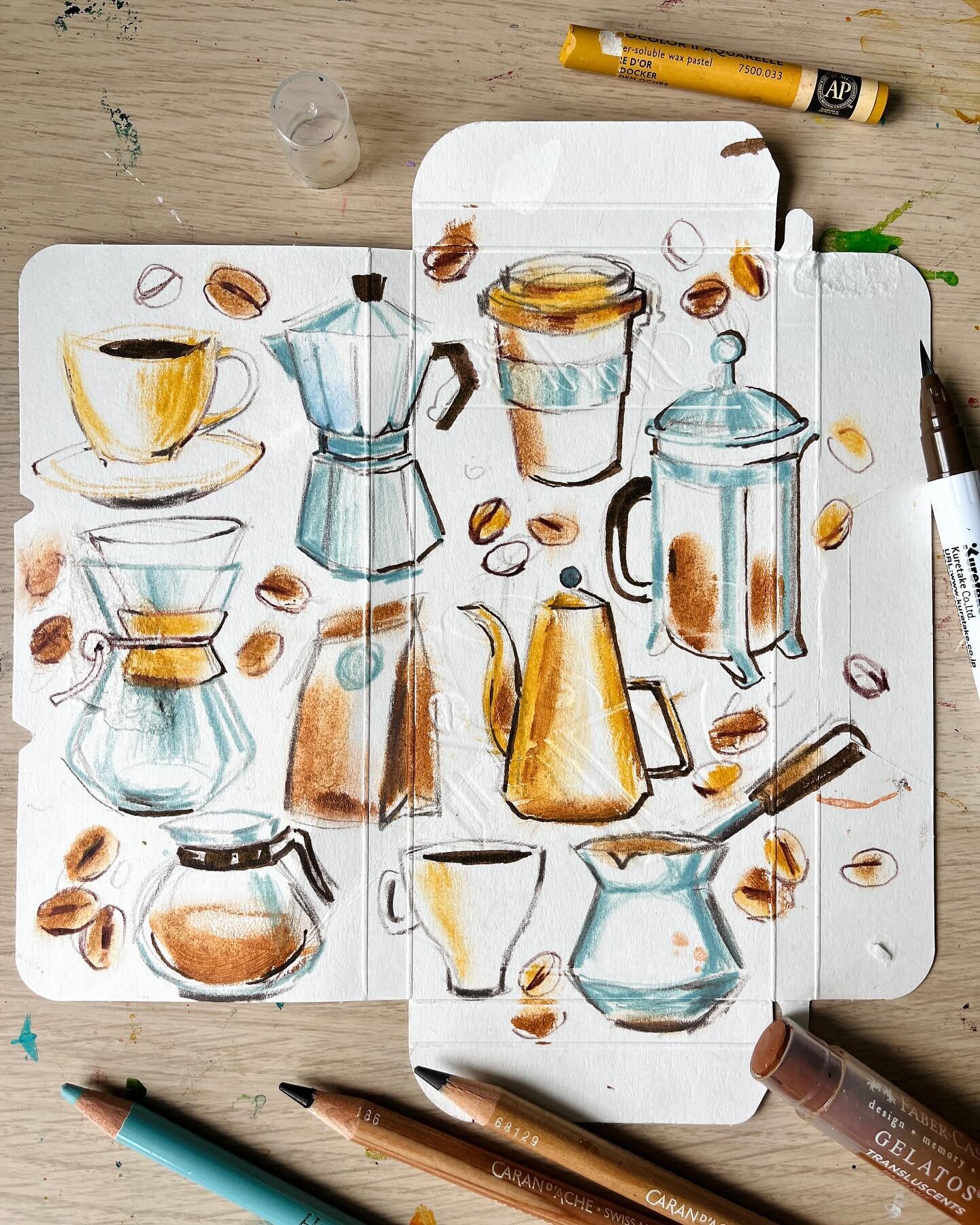 ☕️On my Patreon today I shared the full process video (48mins long !!) for creating these coffee pots using mixed media on the back of @lindt @lindtuk chocolate bar pack 🍫 I share my tip tips for working on back of cardboard packs such as limiting c