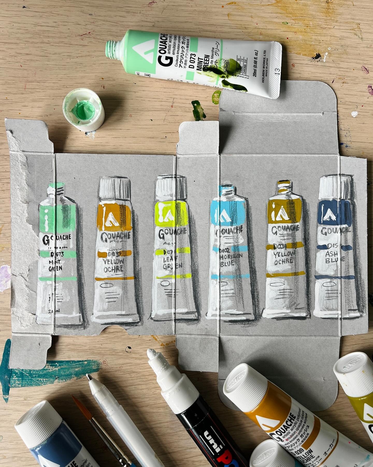 🎨Today on my Patreon members can watch time lapse video (with full commentary) for creating these cute paint tubes in mixed media on the back of boxes from @holbein_art acryla gouache and @danielsmithartistsmaterials watercolours . Both were super f