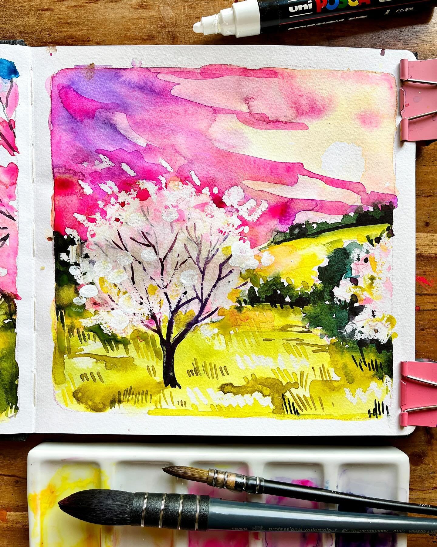 Todays #bringspring2024 is May Flower : I imagined apple orchards during the day and (because I&rsquo;m obsessed) at sunset. I put down wax to resist some of the whites of the blossom on the trees - this worked better in the landscape with multiple t