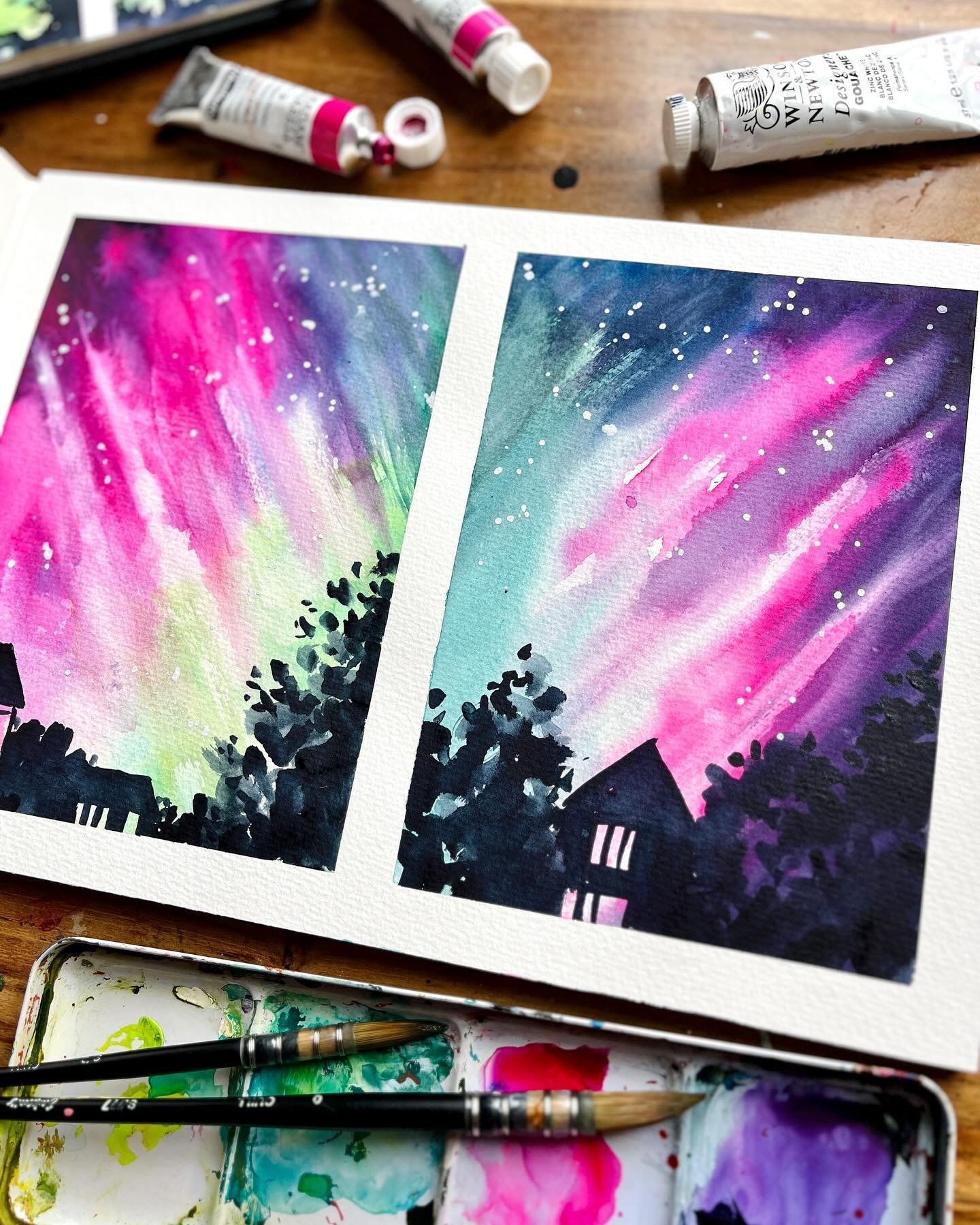 ✨Today&rsquo;s prompt is &lsquo;Starry Night&rsquo; for #bringspring2024 I&rsquo;m still experimenting with ways to portray the glow and luminosity of the aurora with watercolour. ⭐️At times I got frustrated and worried I&rsquo;d overworked these - b