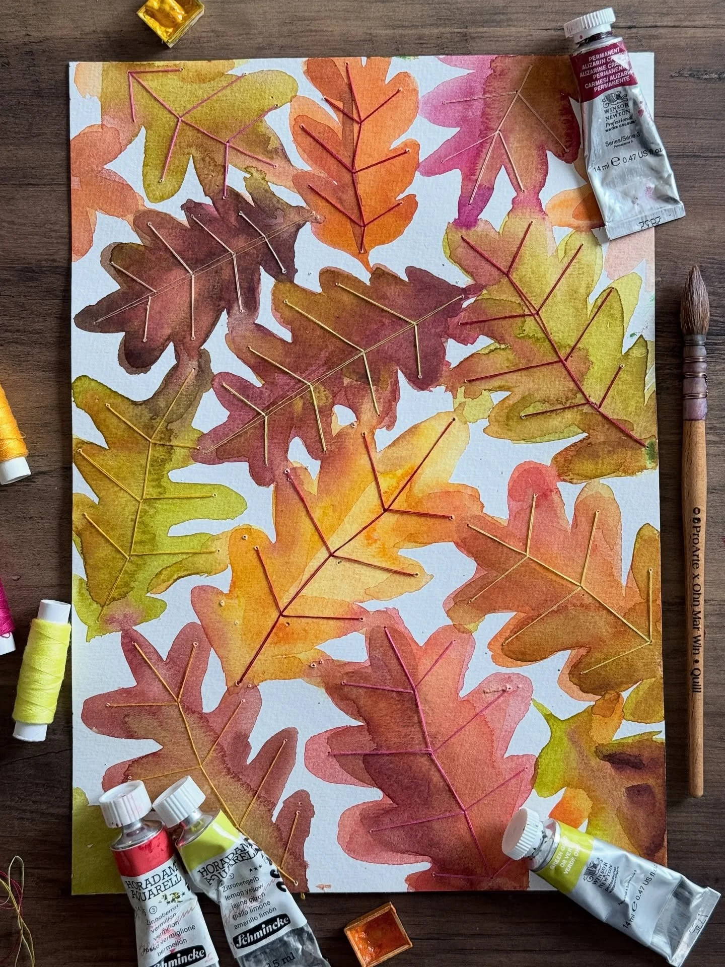 I'm so happy to try out a project from @essoldodesign new book Creative Abstract Mixed Media. I chose an embroidery project using watercoloured autumn leaves with the stitching  making up the veins of each leaf. It was such a gentle &amp; quiet way t