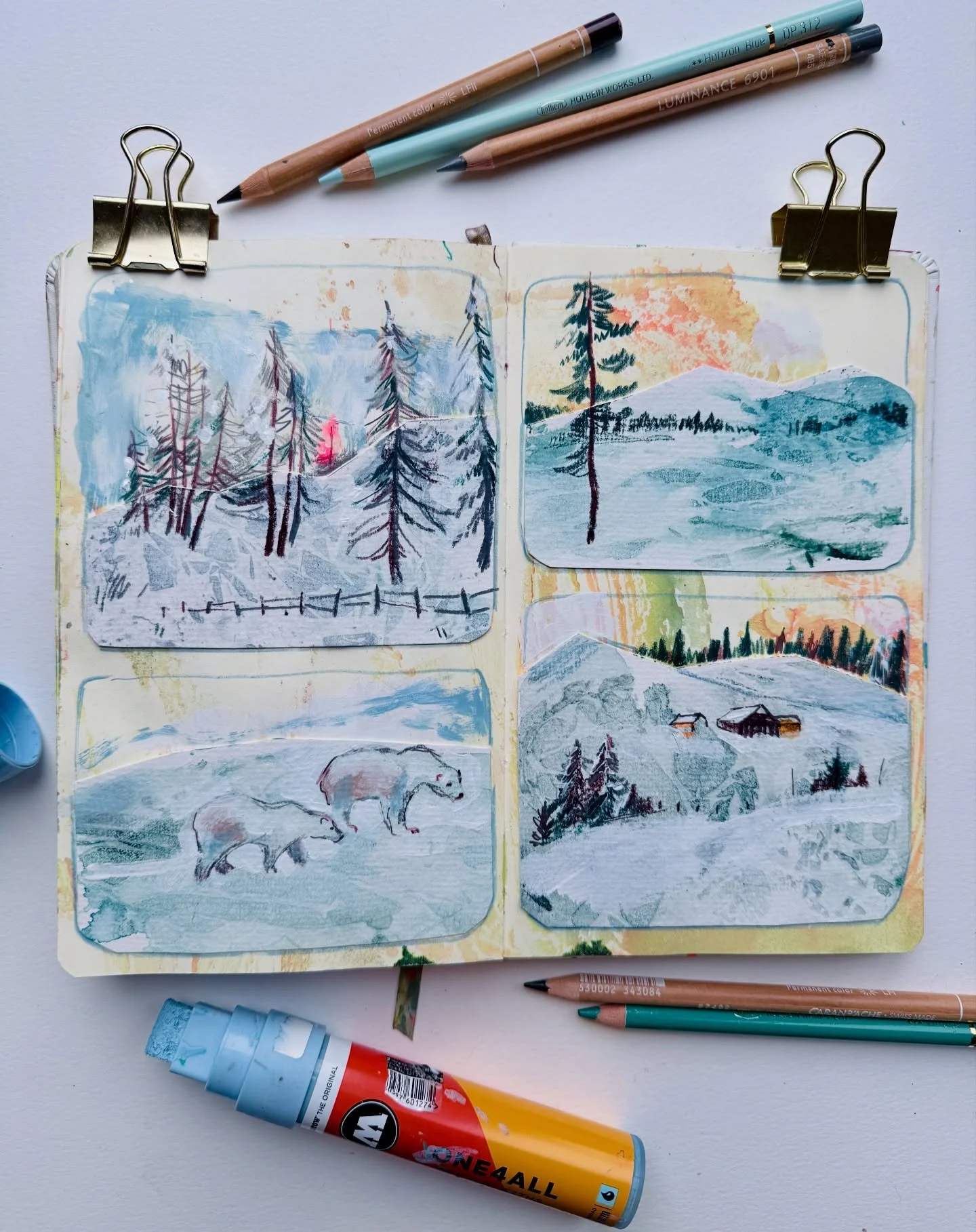 I delightful clingfilm pressed into wet watercolour textures from @jendixonarts Creative Gift demo (scroll to see before I worked on top of them)
❄️Those crinkly, icy textures became the starting point for collage, pencil, acrylic paint and a lot of 