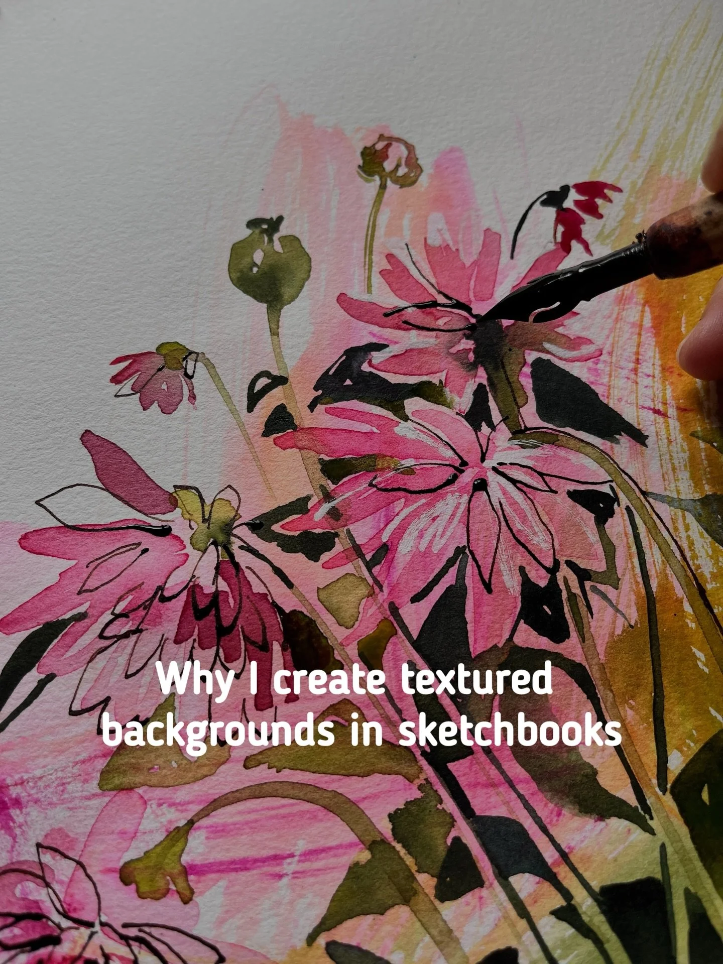 Textured backgrounds changed the way I use my sketchbooks.

Those random marks help me start without overthinking and take the pressure off the blank page. Even a few loose marks, a big sweep of a fat brush with ink or watery acrylic wash can create 