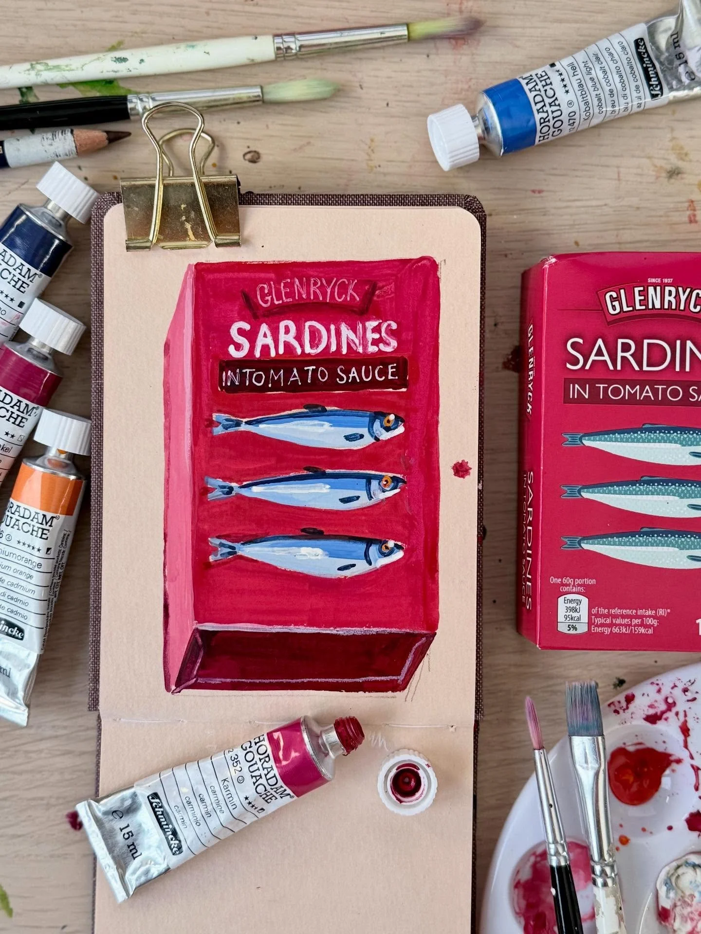 I&rsquo;m pretty new to gouache, so this is very much a beginners sketch. A bit wonky, a bit unpolished but that&rsquo;s completely fine.

I chose a tin of sardines because the shape and layout felt simple and accessible. I didn&rsquo;t want to attem