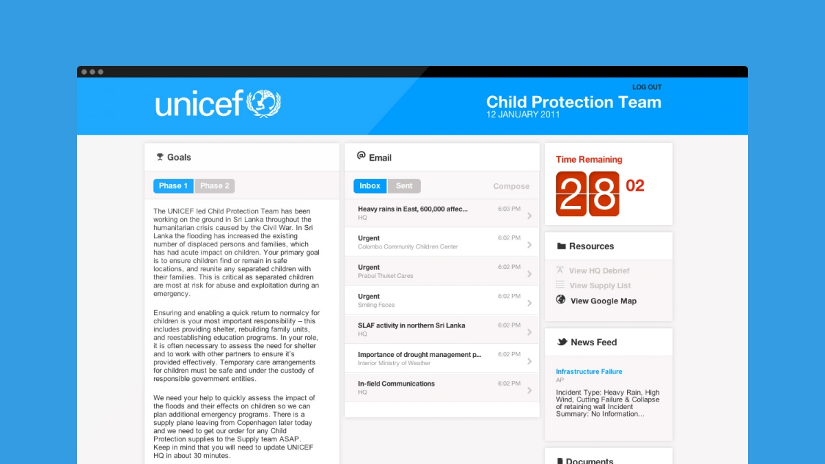 Each team has a dashboard view that shows their goals, their communications with HQ, and specific resources they should be using to accomplish their goals. 