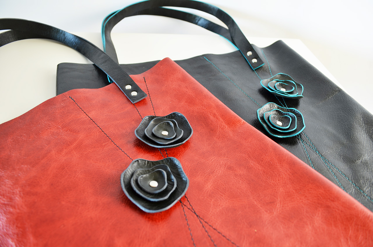 Peony Pop-Out Totes red with black pop-outs & grey accent black with black pop-outs & teal accent not shown: green with black pop-outs & teal accent