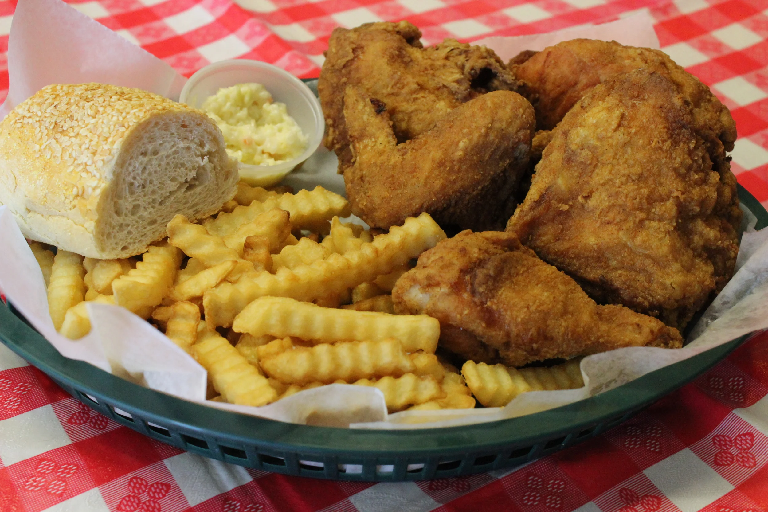 Our 4-piece broasted chicken dinner $7.95