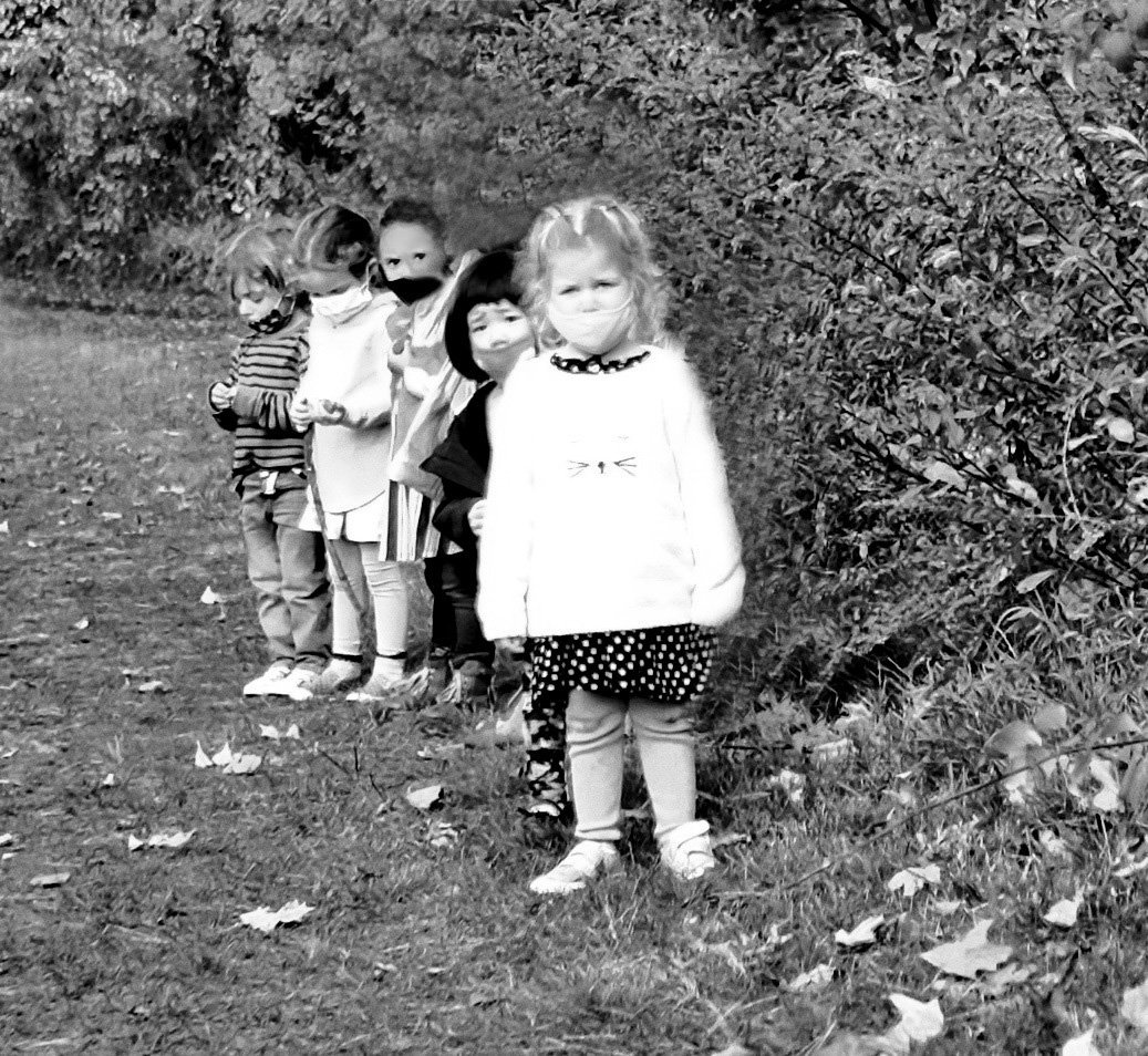 masked kids on the trail b&w.jpg