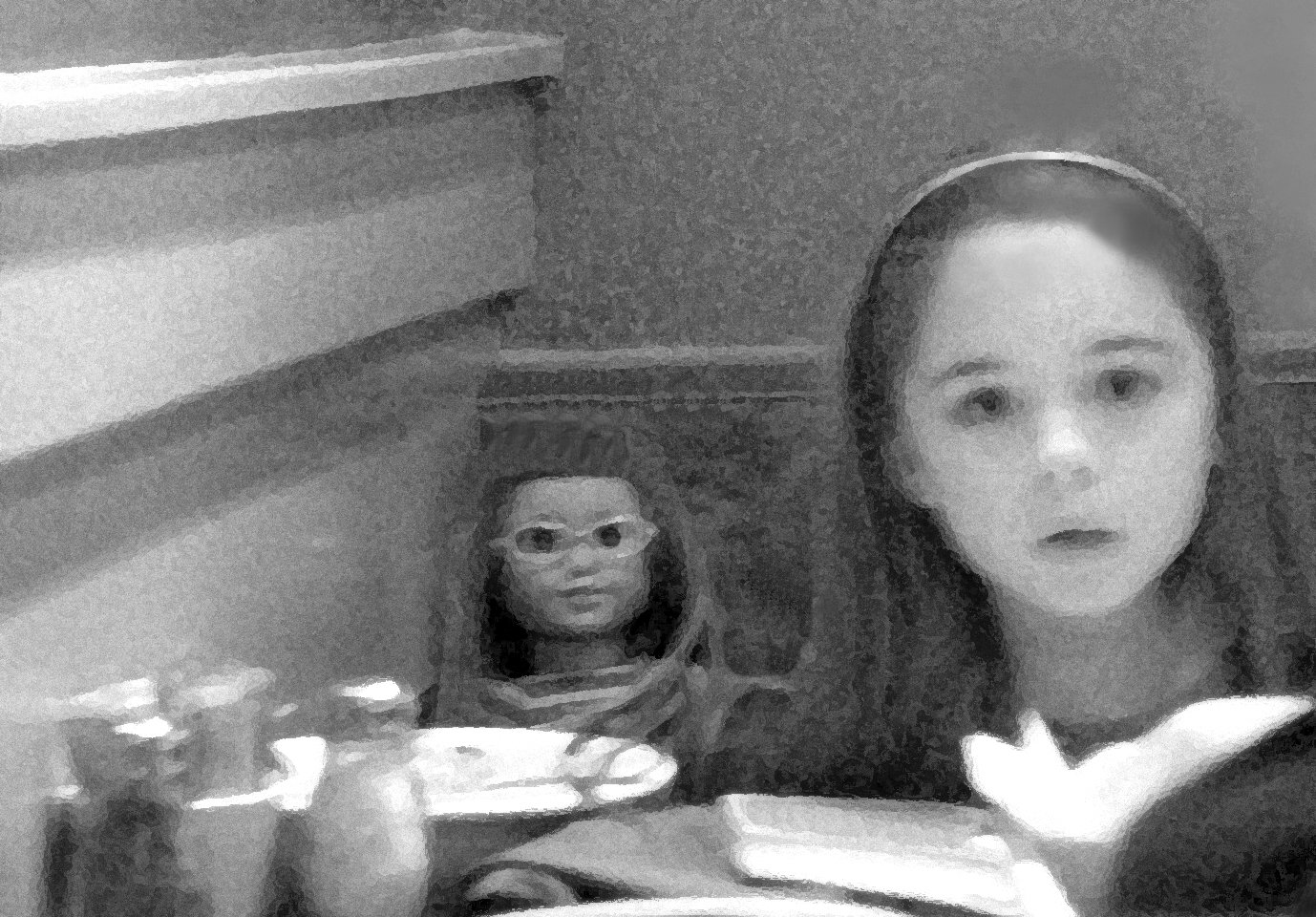 Girl and doll at Olive Garden-b&w.jpg