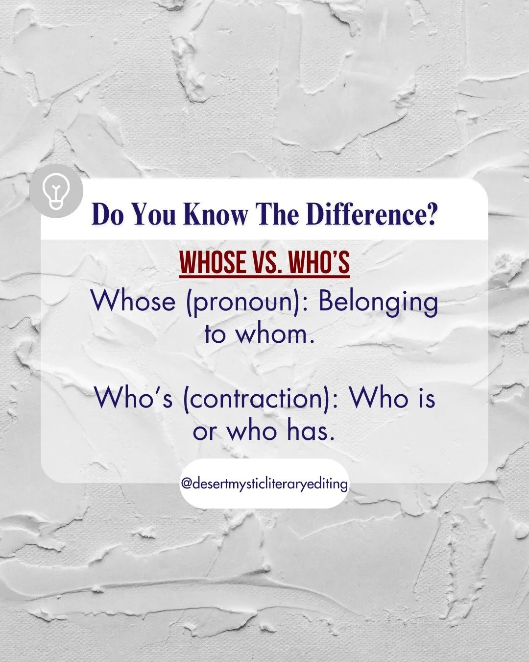 ❓ Whose vs. Who&rsquo;s
🔹 Whose = Possessive (Whose book is this?)
🔹 Who&rsquo;s = Who is (Who&rsquo;s writing a new book?)

✨ One little apostrophe changes everything! ✨ Save this tip! 📚✍️ #GrammarMatters #AmEditing #WritingTips #RomanceAuthor