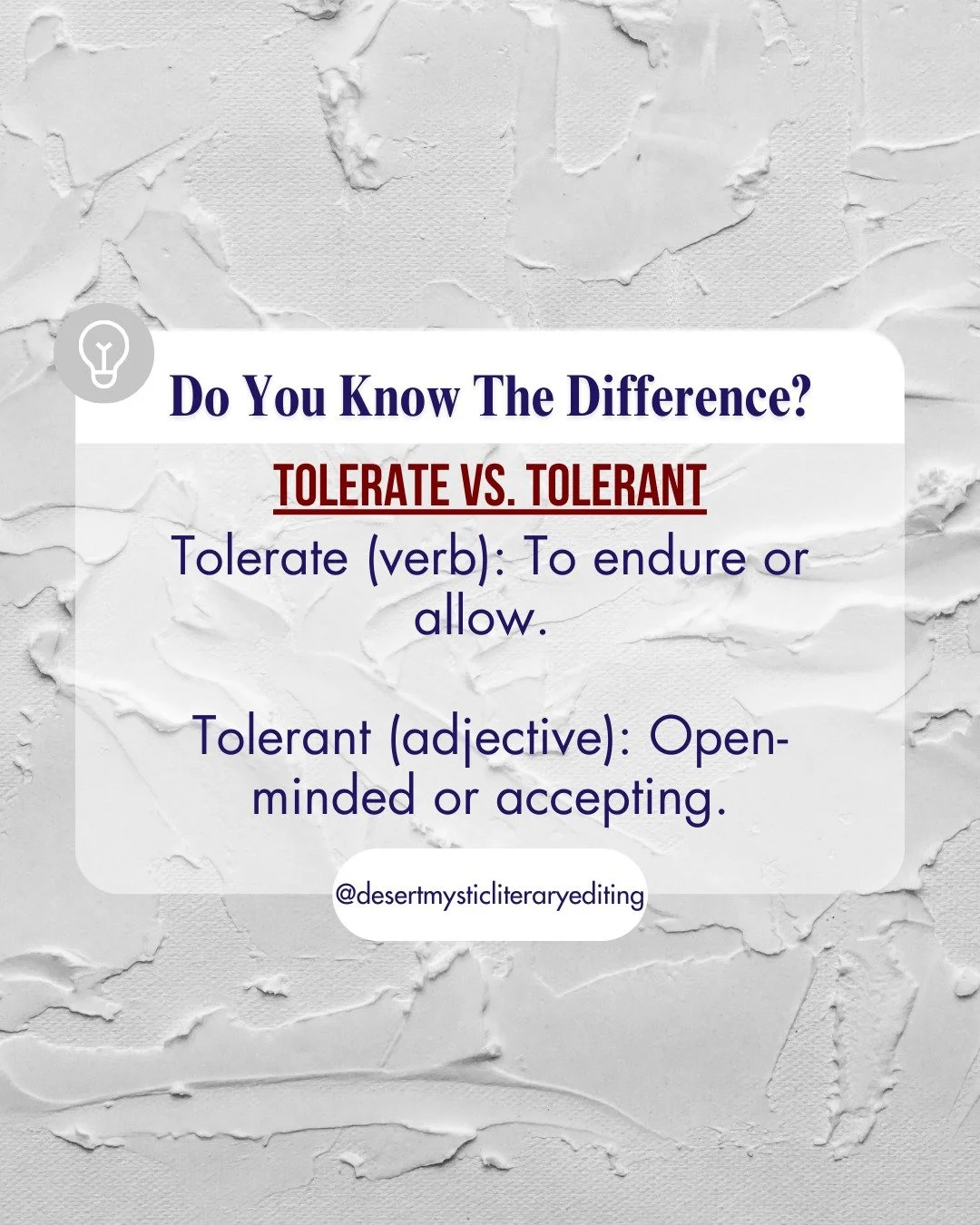 ⛔ Tolerate = To endure something (She had to tolerate the endless revisions.)
💚 Tolerant = Open-minded or accepting (He was tolerant of new ideas.)

Tolerate something unpleasant, but be tolerant of new perspectives. 😊 #GrammarMatters #WritingTips 