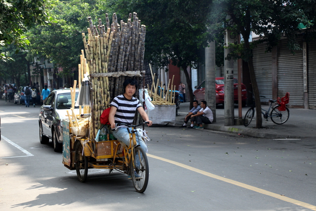 Chengdu: This sugarcane juice vendor will make run his sugarcane through a press to make fresh juice right in front of you. We bought a cup for ¥8. 