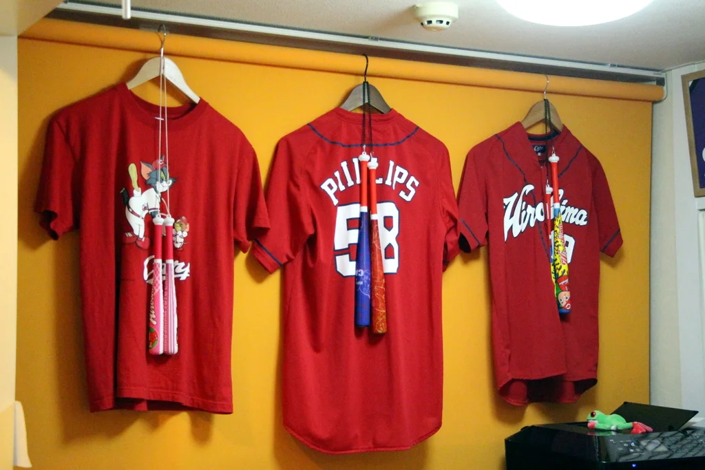 Hiroshima: Hiroshima was the first city that had a lot of baseball merchandise and paraphernalia. These Hiroshima Toyo Carp jerseys were hanging in our hostel.