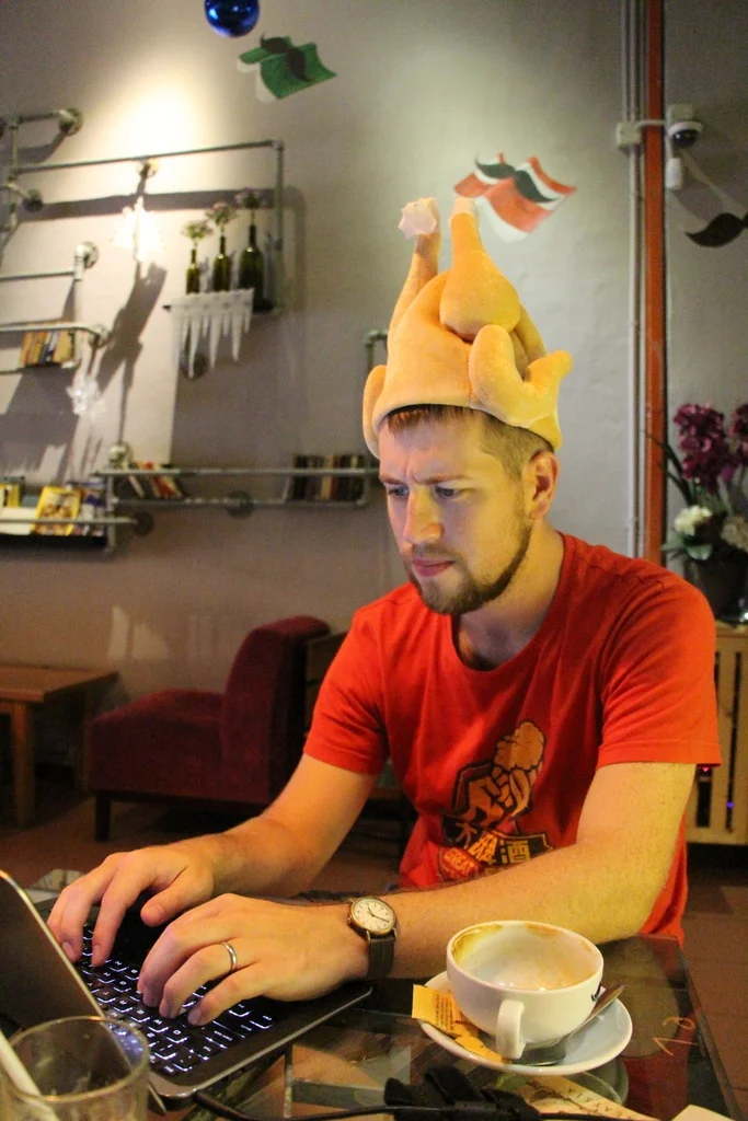 A photo of me as I write this blog post. We were in the Mustache Cafe (no joke) and they had a series of funny hats to wear. Kelsi put this one on my head as I worked and decided that it looked better than my hair cut.