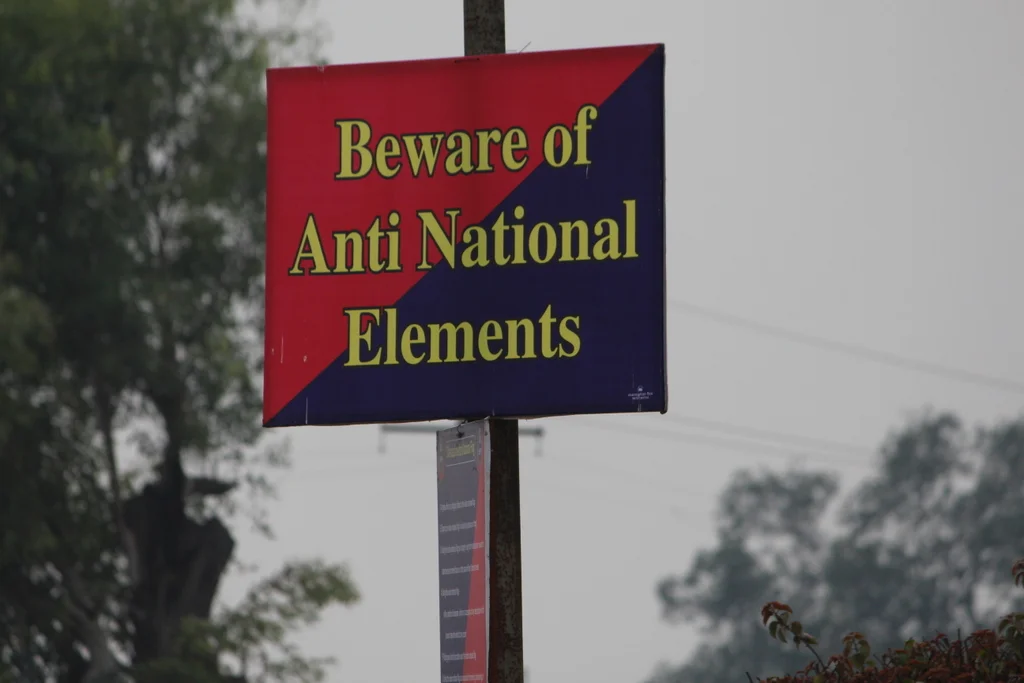 A warning sign as we approach the Wagah Border with Pakistan from the Indian side