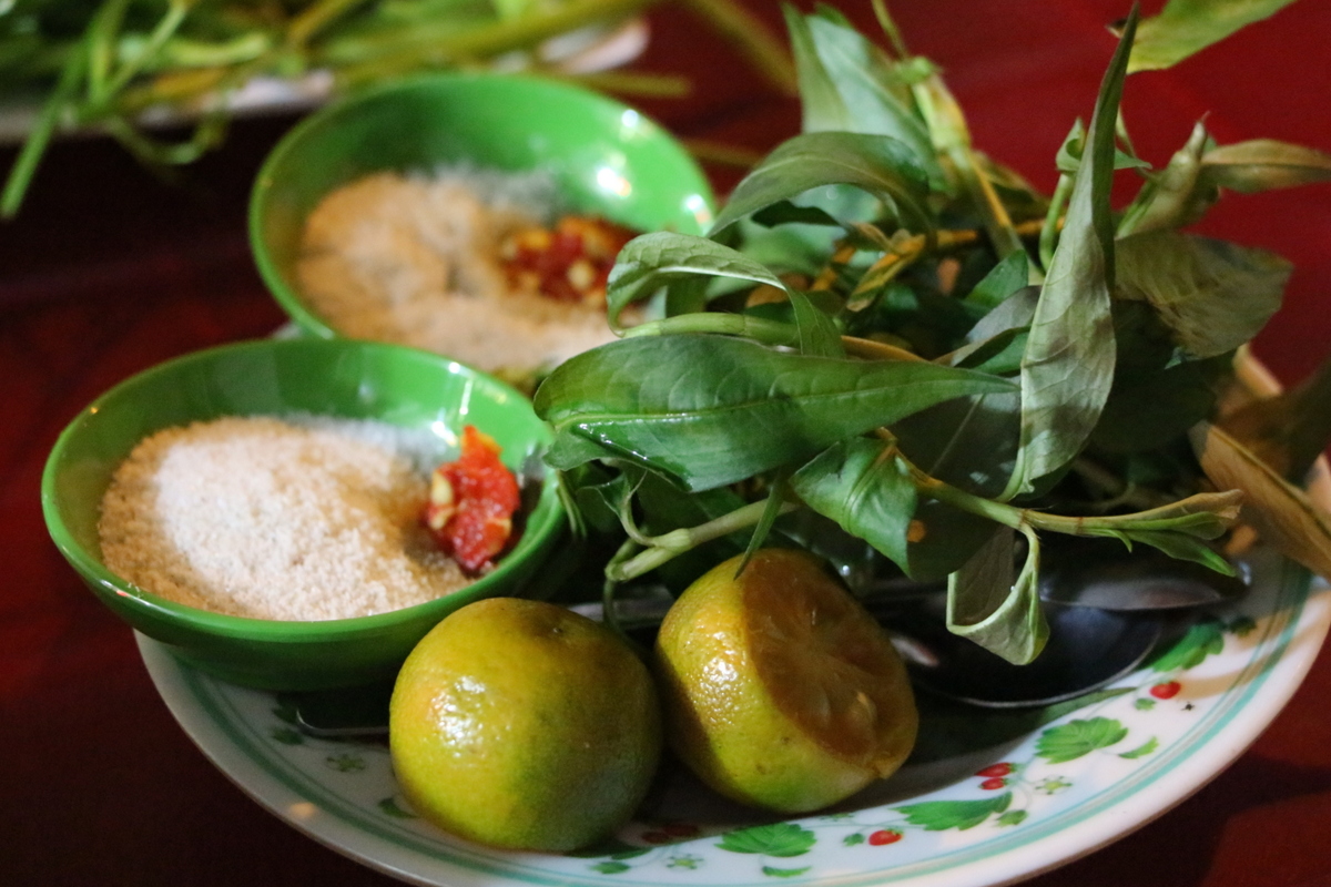 Condiments for the seafood- a sugar/salt mixture with chili, calamansi limes, and herbs. Yes please!