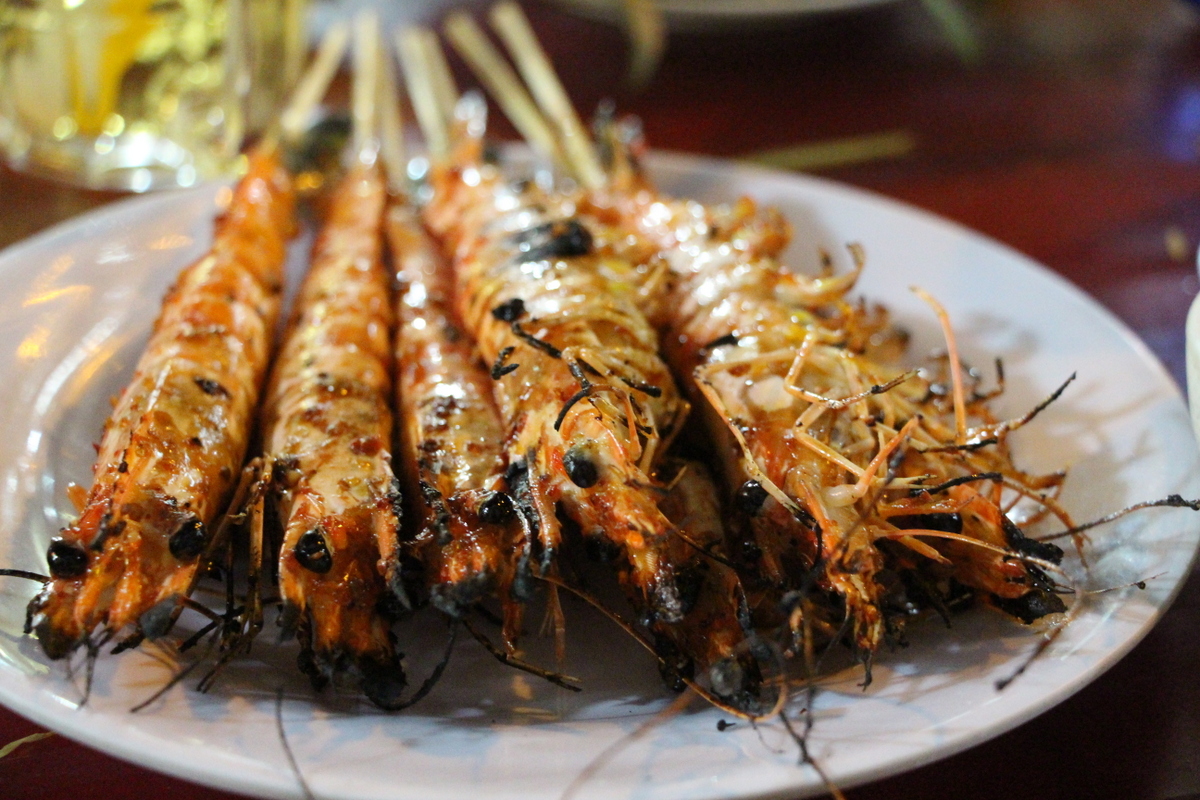 Fresh prawns brushed in a teriyaki-like glaze. 5 scooters. 