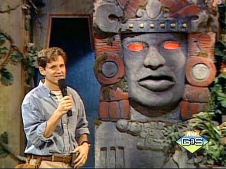 Kirk Fogg and Olmec, the talking temple god, from Legends of the Hidden Temple. Nickelodeon has only gone downhill from here. 