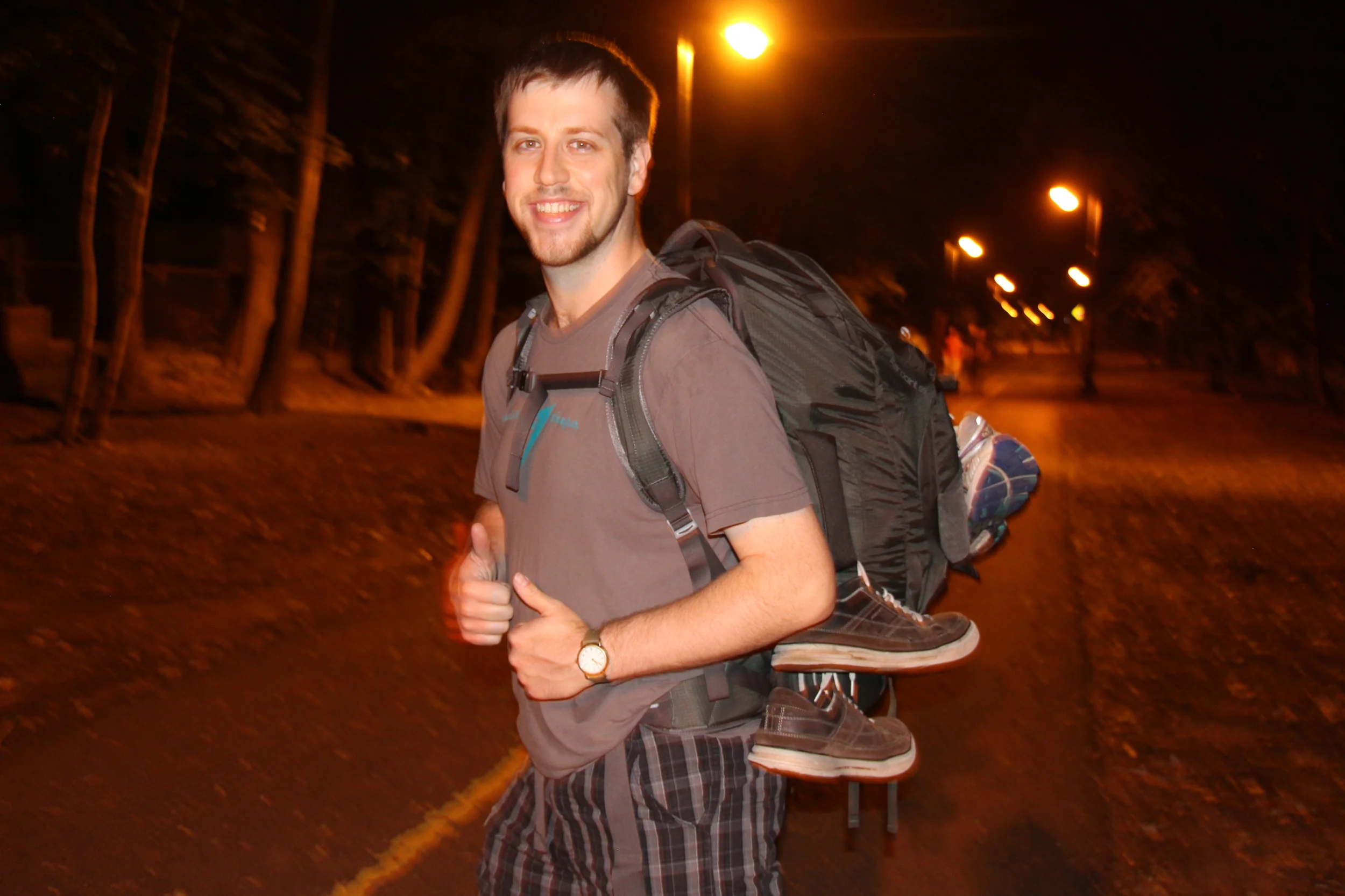 Andrew on the Somerville bike path the week before we left on our adventure. Before leaving, we did a practice run packing the backpack and walking with it. The bag on my back contains everything we took with us on the trip. Traveling light with only one big backpack and a detachable small backpack was one of the best decisions we made.