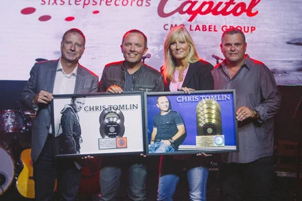 L to R: Bill Hearn, Capitol Christian Music Group President & CEO; Chris Tomlin; Shelley Giglio, Chief Strategist, sixstepsrecords ; Peter York, President, Capitol Christian Music Group