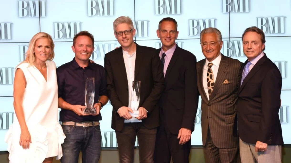 BMI’s Leslie Roberts, BMI Songwriters of the Year Chris Tomlin and Matt Maher, BMI’s Mike O’Neill, Del Bryant and BMI’s Jody William at the 2016 BMI Christian Awards Photo: Steve Lowry
