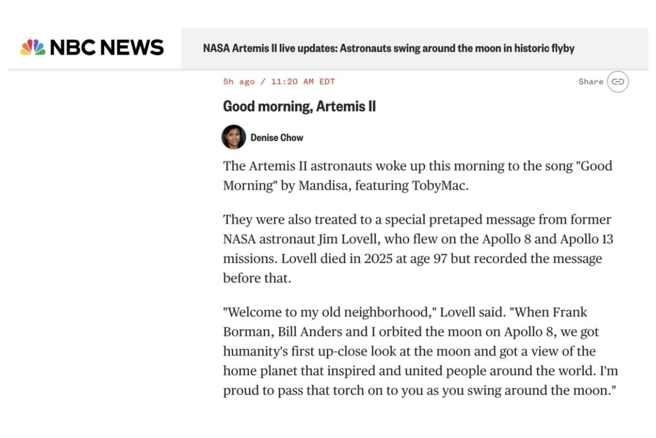Artemis II Astronauts Woke Up This Morning to the track &ldquo;Good Morning&rdquo; by Mandisa, featuring TobyMac!