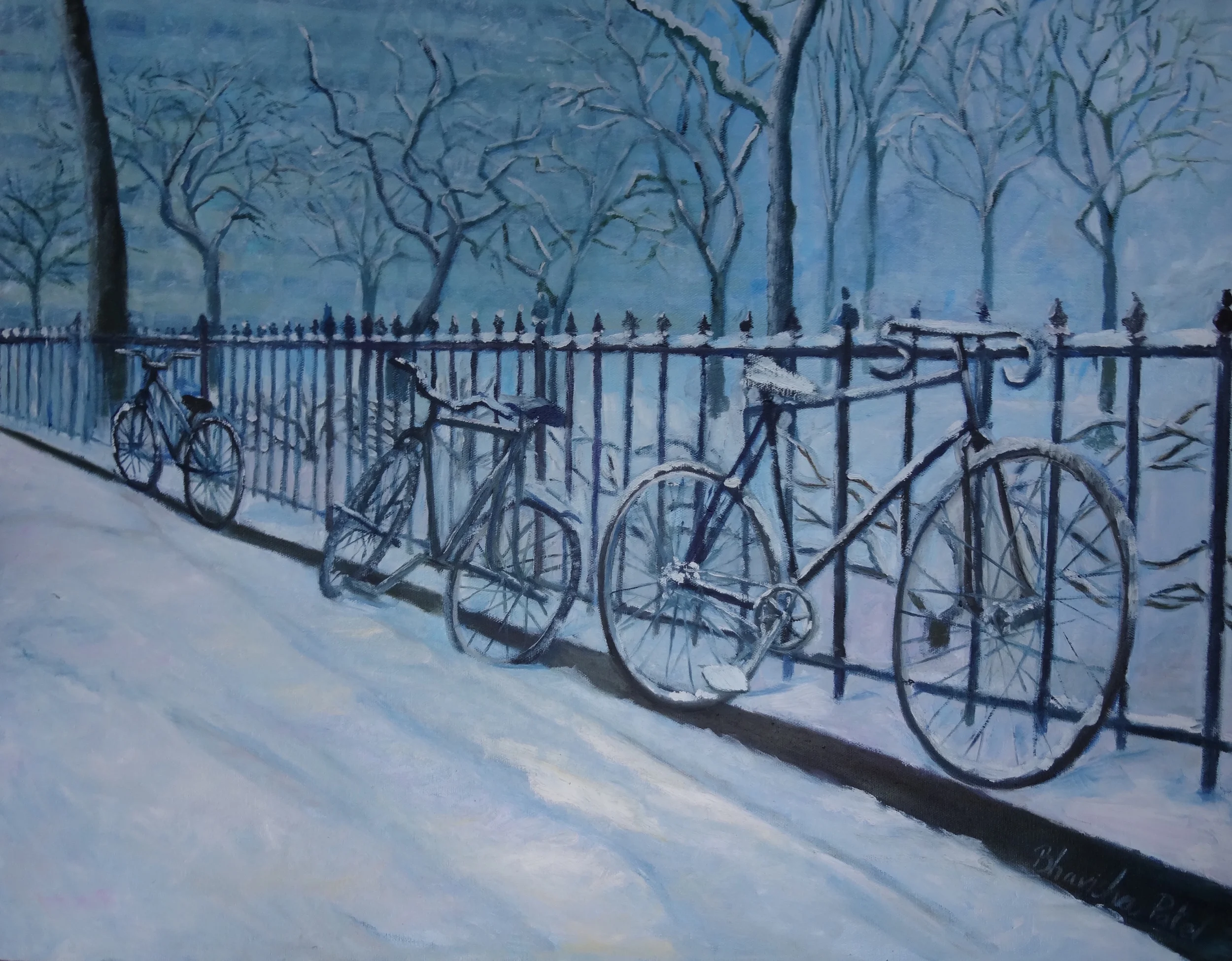 Bicycles In Snow II (I Will Always Remember You), 2014. Oil on canvas, 22" by 28"