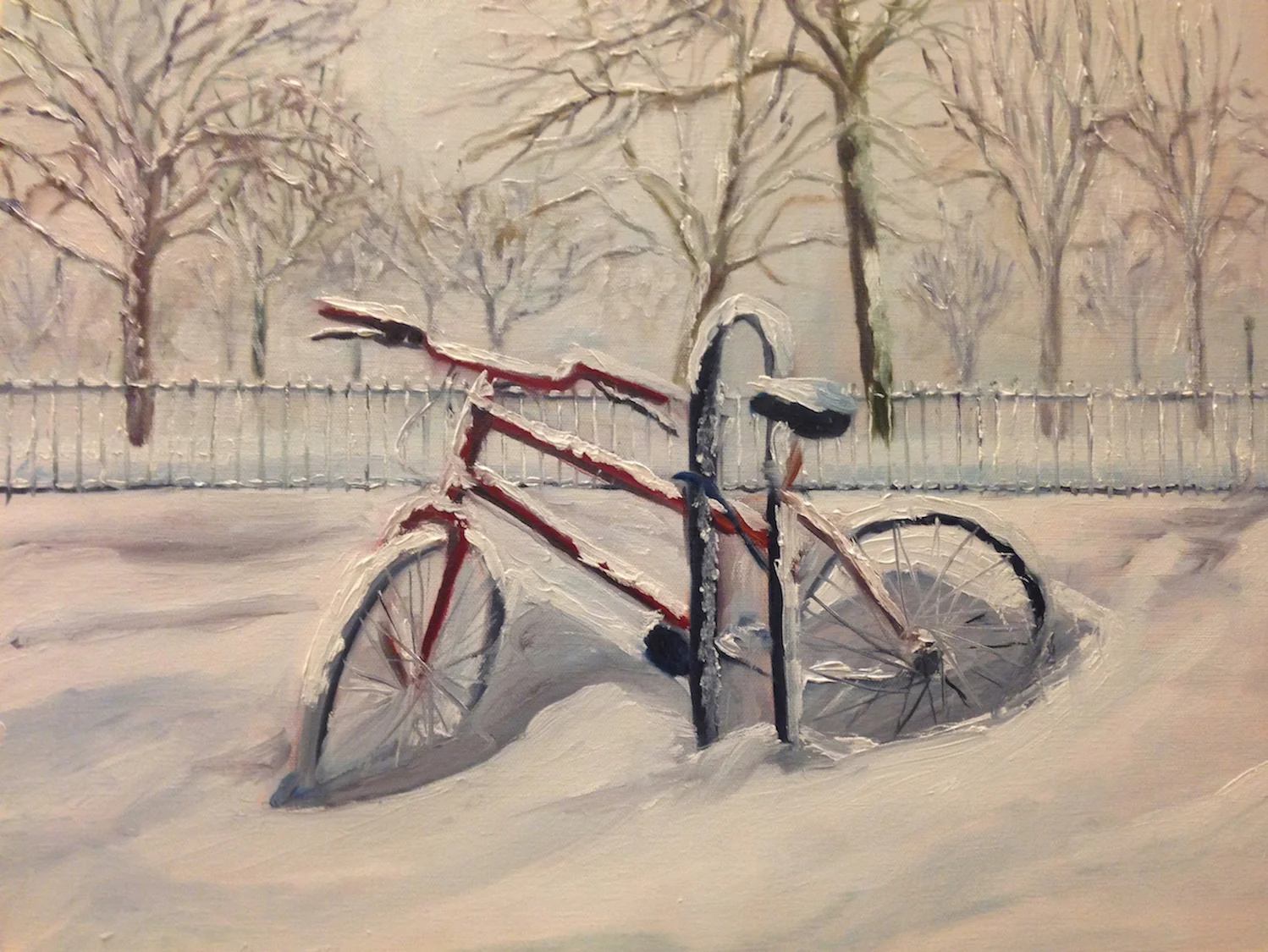 Bicycles In Snow ViII (2015) Oil on Canvas (16%22 by 20).jpg