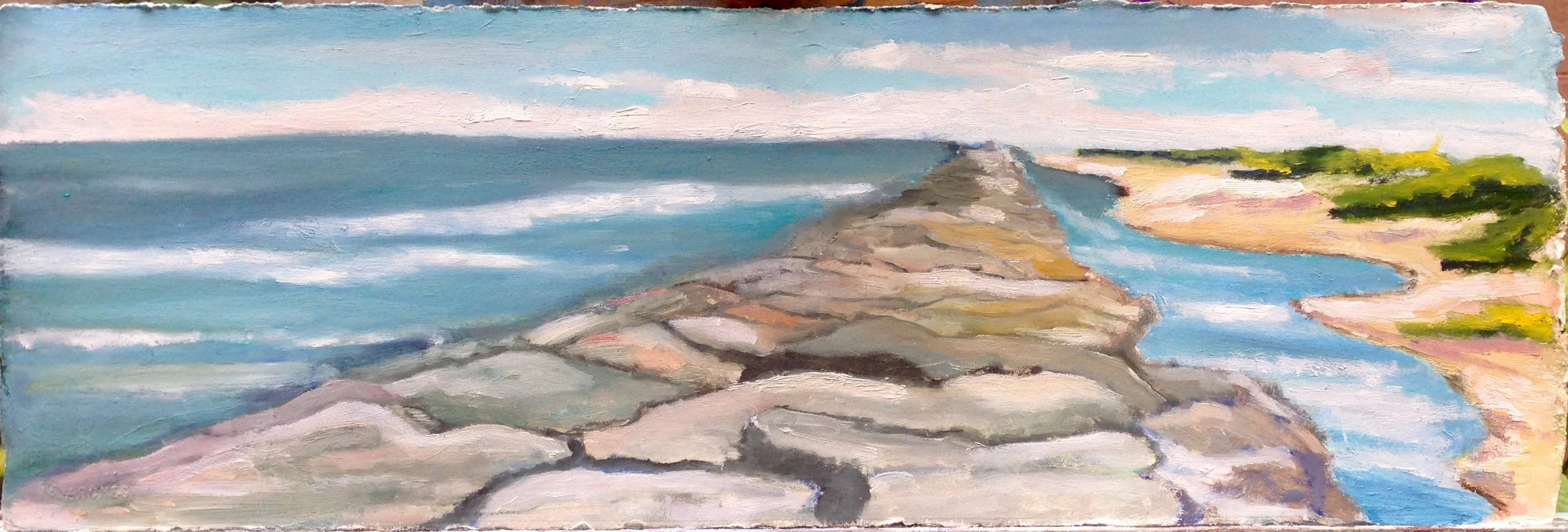 Pier At Barnegate Light, 2015. Oil on paper, 8" by 23"