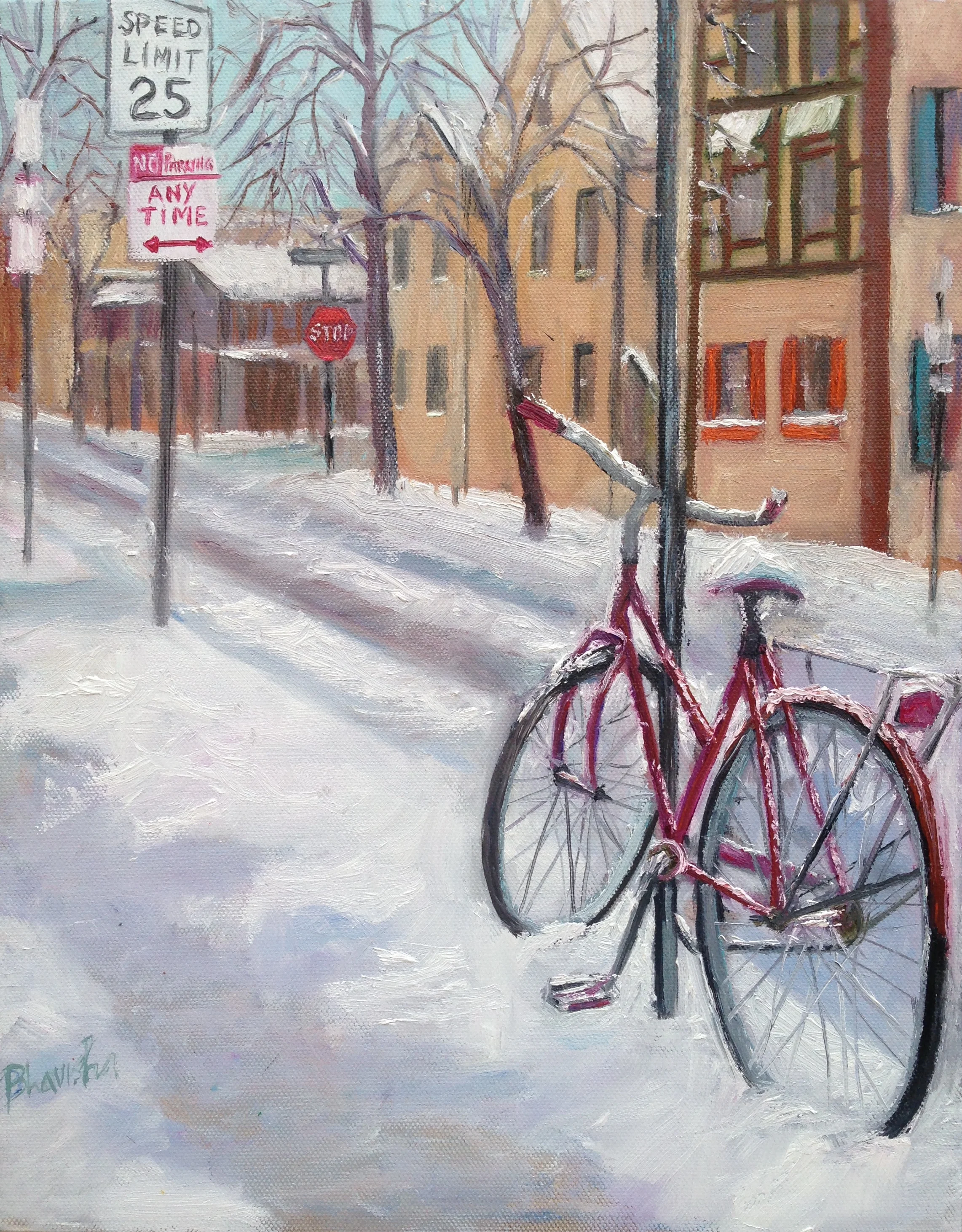 Bicycles In Snow XIV (Parking Is A Breeze), 2016. Oil on canvas, 14" by 11"