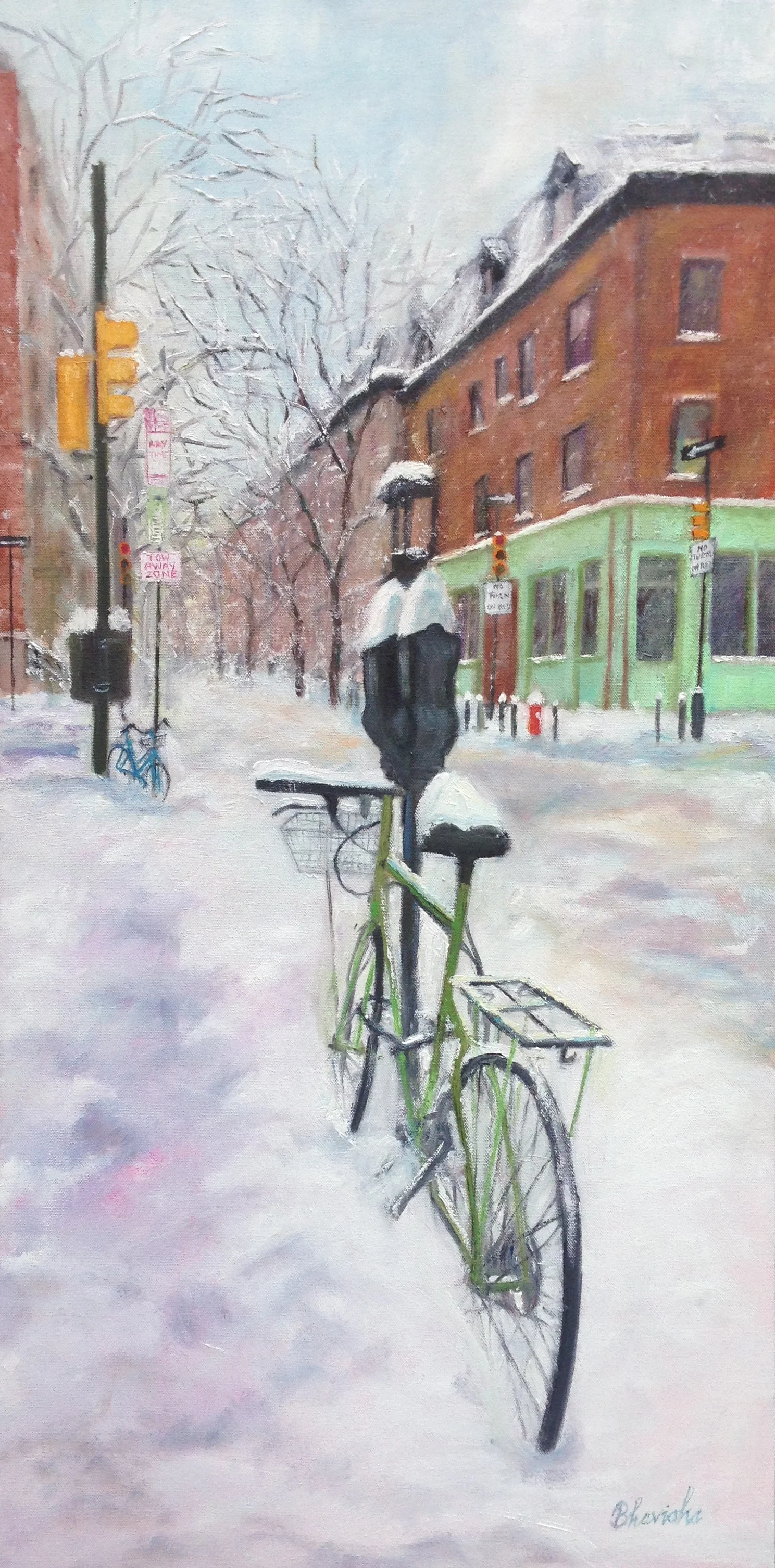 Bicycles In Snow XV (Audrey Claire), 2016. Oil on canvas, 36" by 18"
