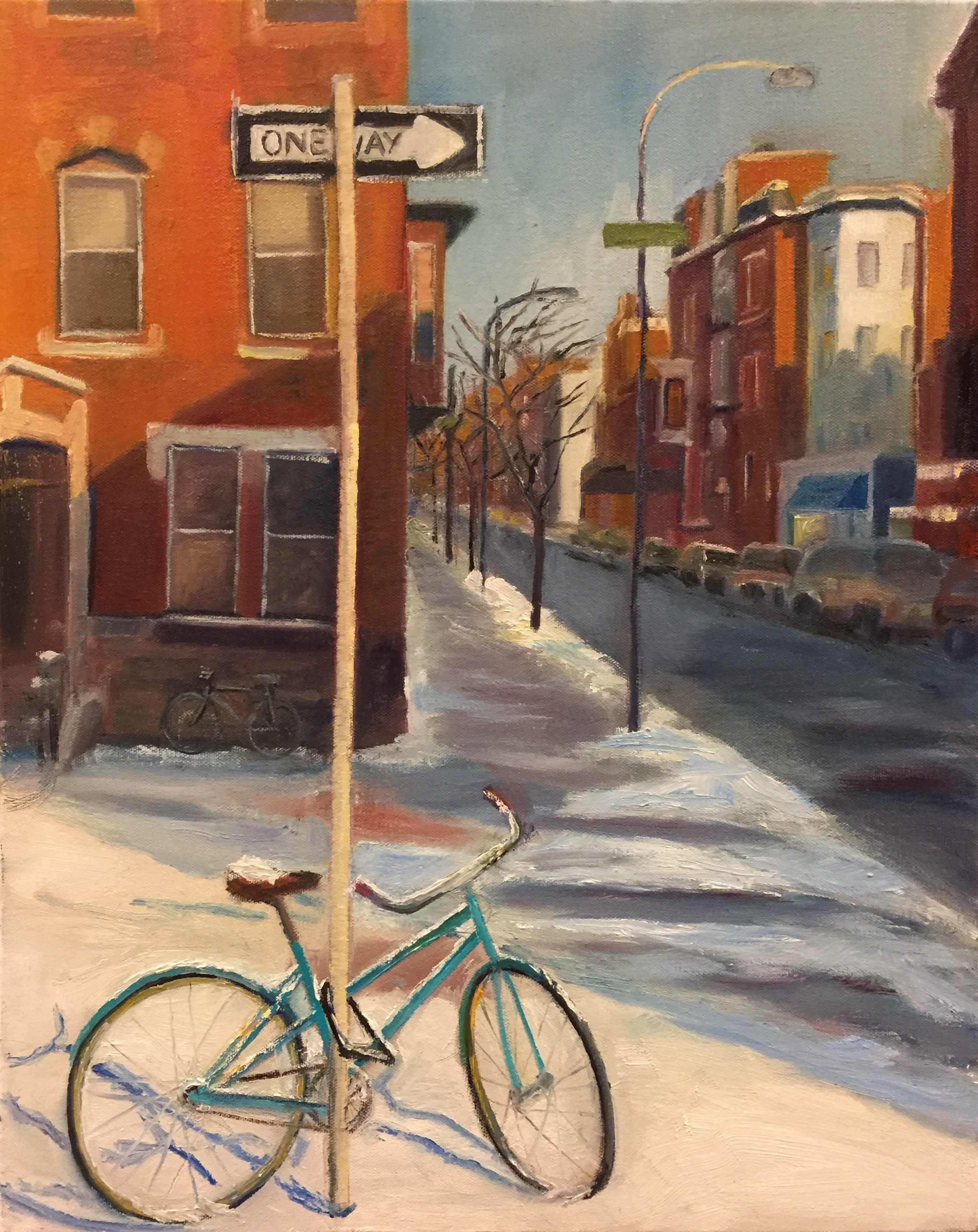 Bicycles In Snow, 2017, oil on canvas, 20" by 16" (Copy)