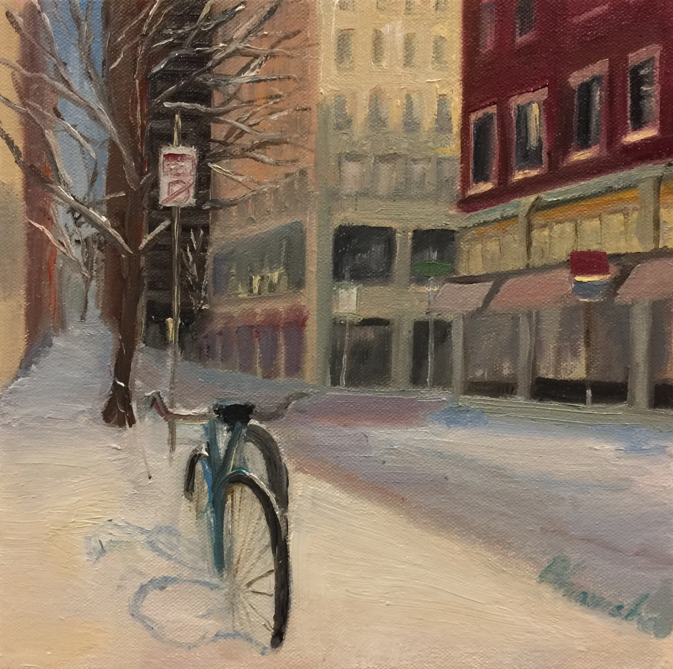 Bicycles In Snow, 2017. Oil on Canvas, 10" by 10"