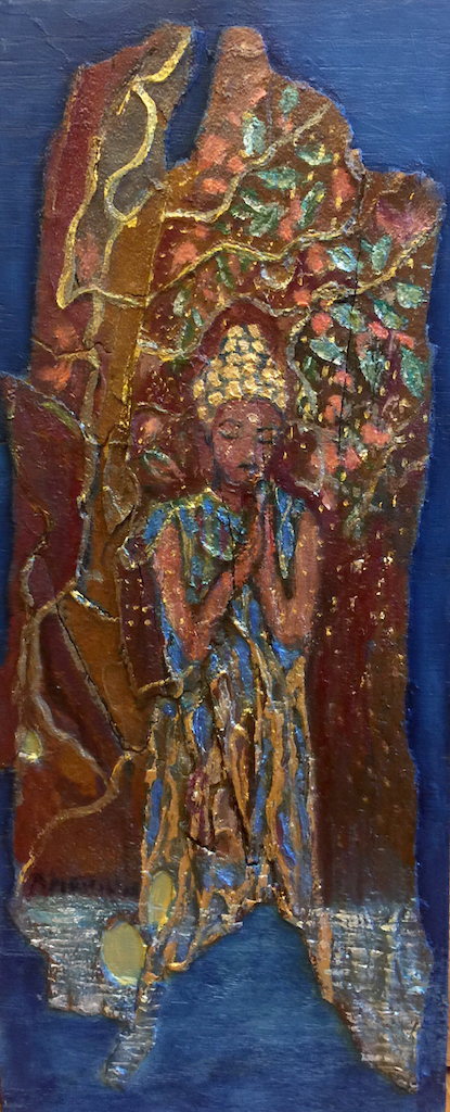 Buddha On Sycamore Bark, 2018. oil on sycamore bark mounted on wood. (Copy)
