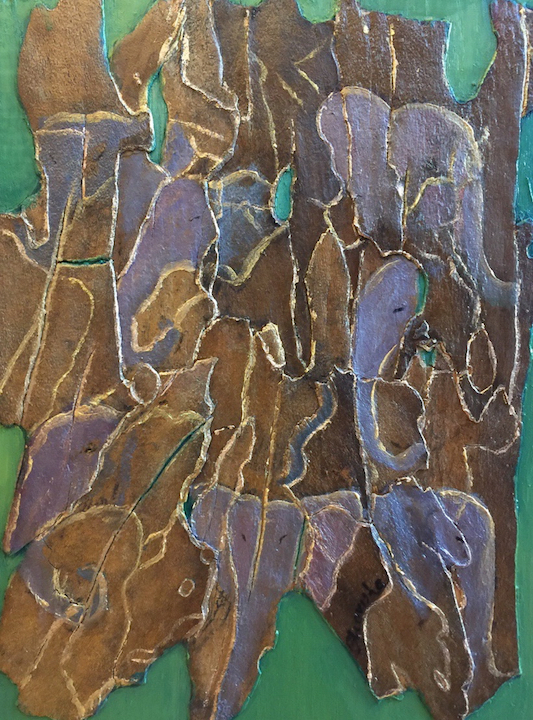 Elephants on Sycamore Bark, 2018. oil on Sycamore Bark mounted on wood. (Copy)