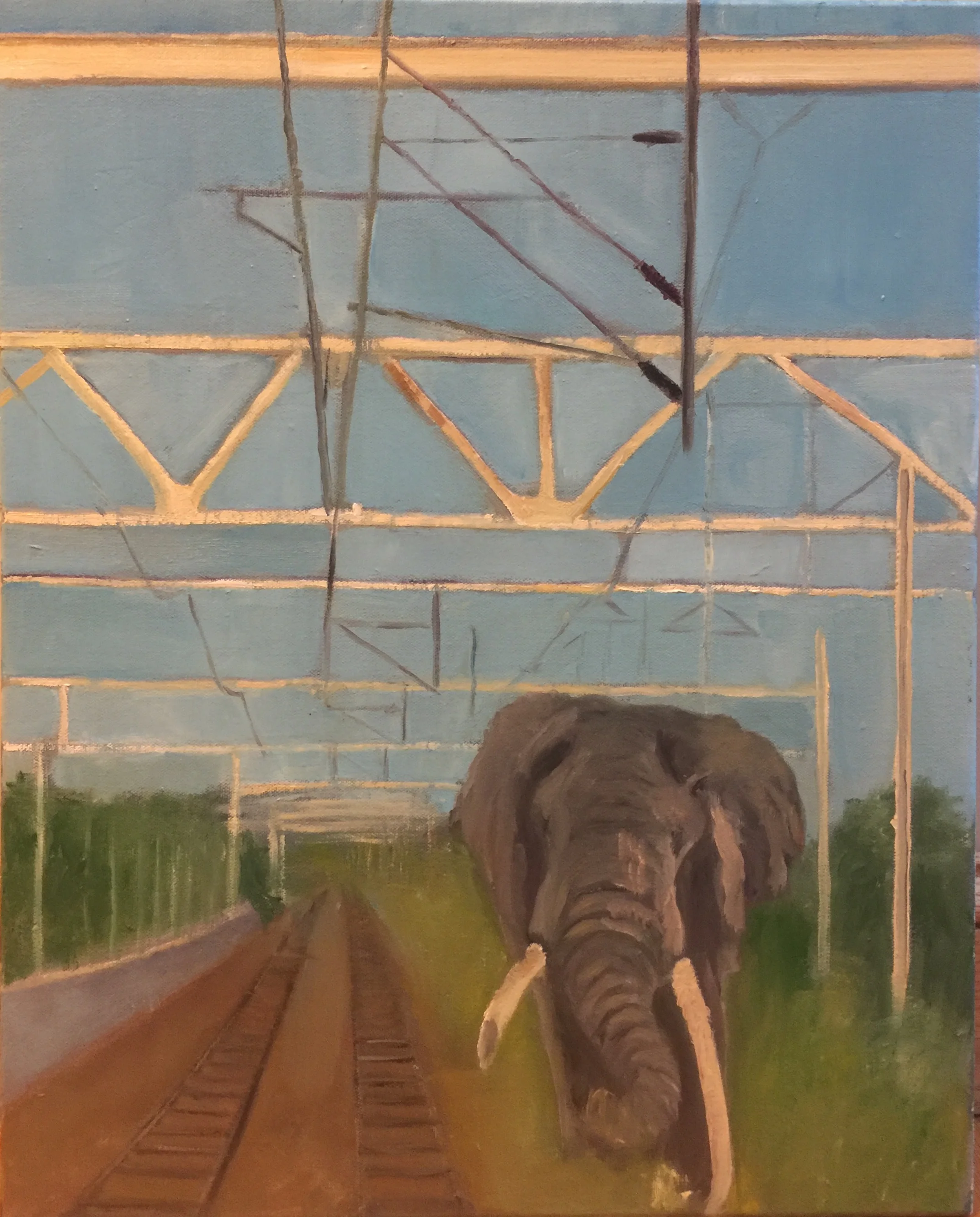 Elephant on the Railroad Tracks (2018) Oil on Canvas (20” by 16”)