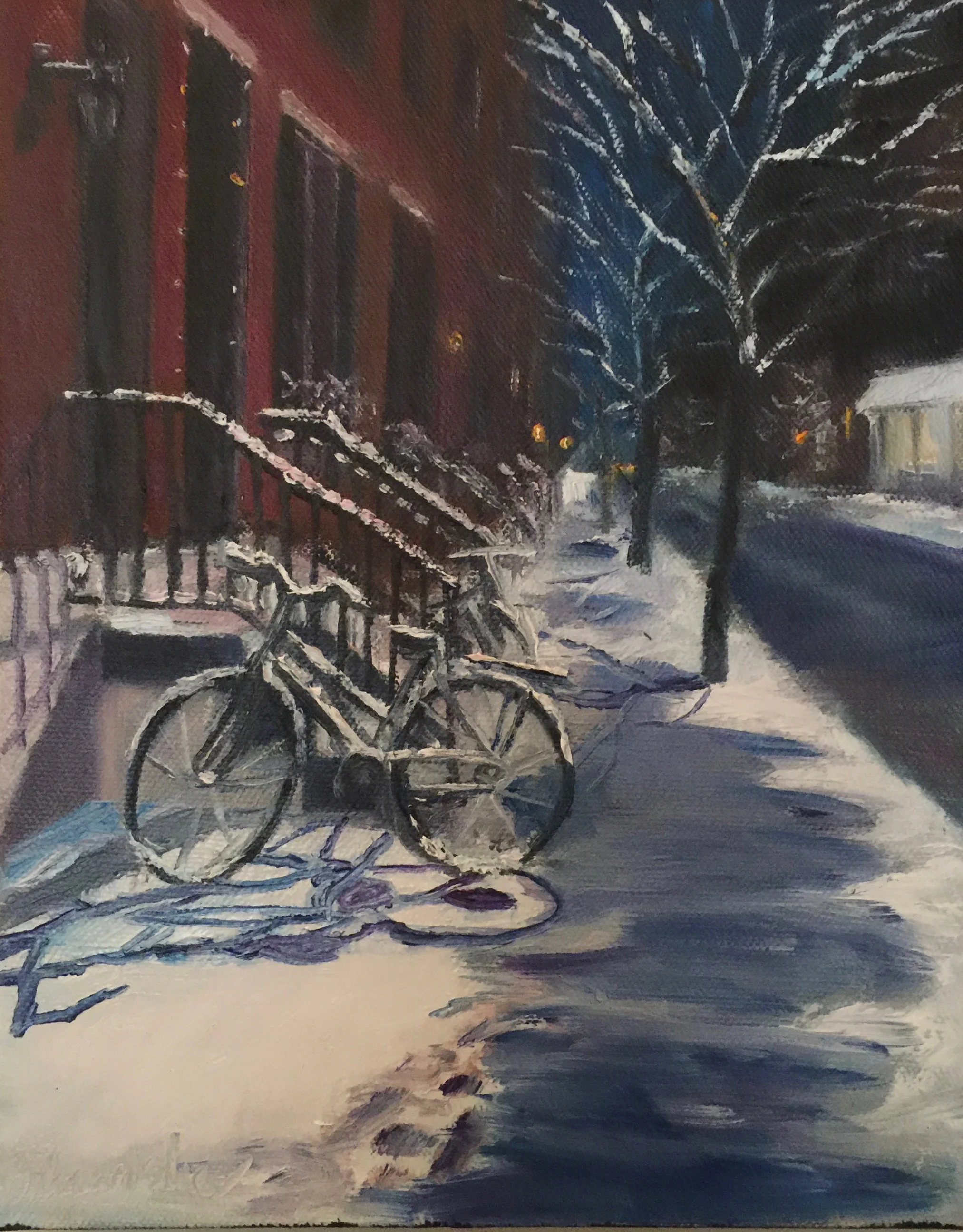 Bicycles In Snow: Night on Lombard, 10" by 8" oil on cancas