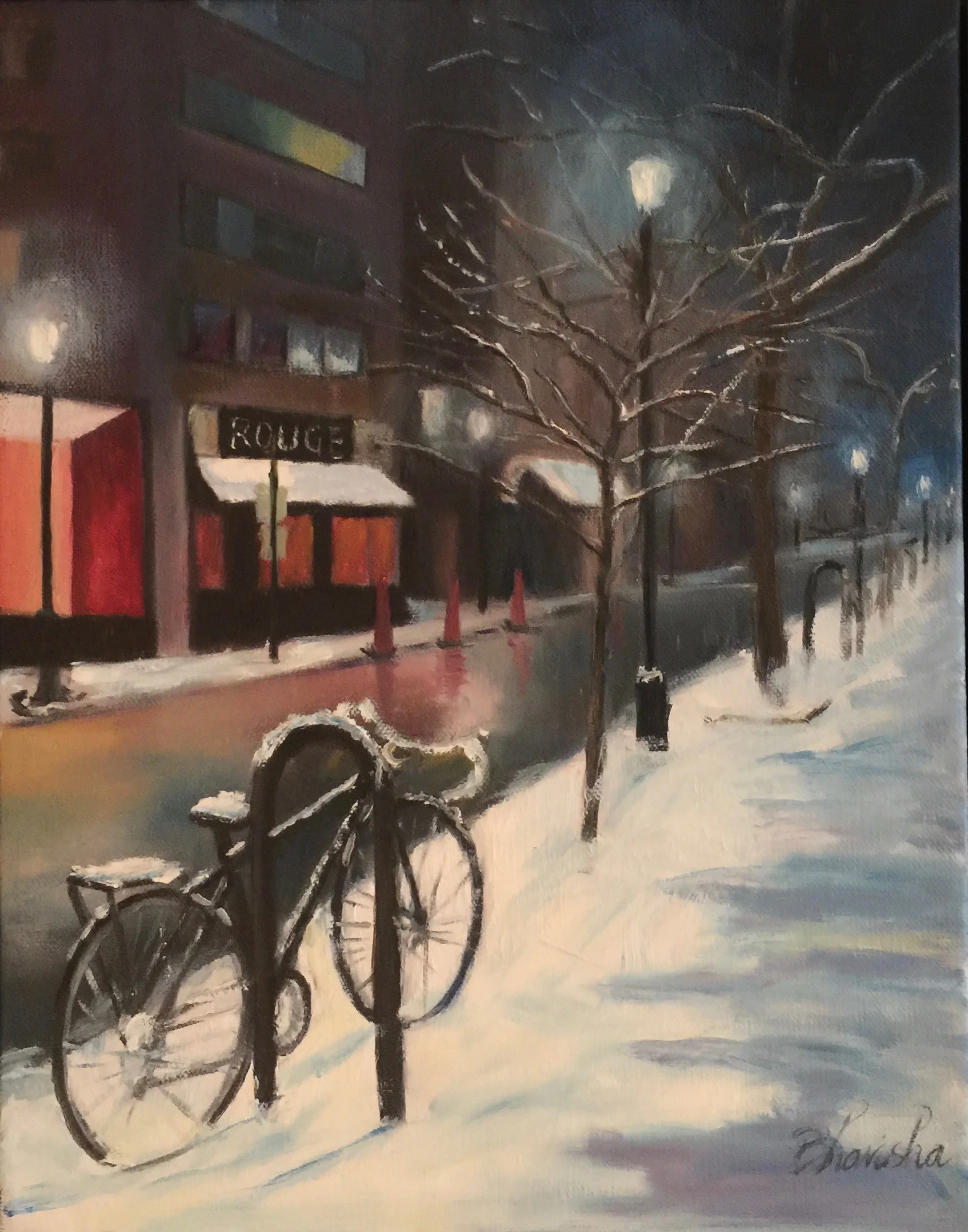 Bicycles In Snow: Night on Rittenhouse Square, 2018, 14" by 11" oil on canvas