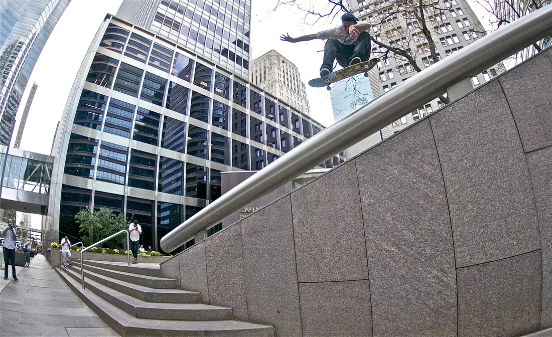 As gnarly as it gets. Jan does a pop shove-it at Minneapolis's One Financial, as seen in Debris , 2012. Photo: Dan Huseby