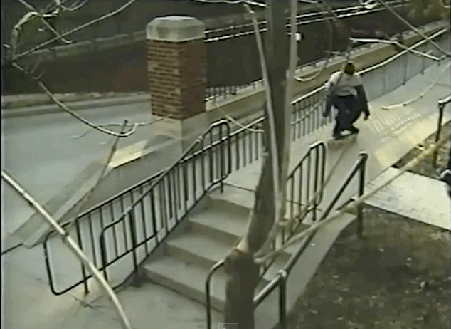 Jamiel Nowparvar threads a now absent additional handrail, Feeble to Fakie, as seen in Open Iris , 2001