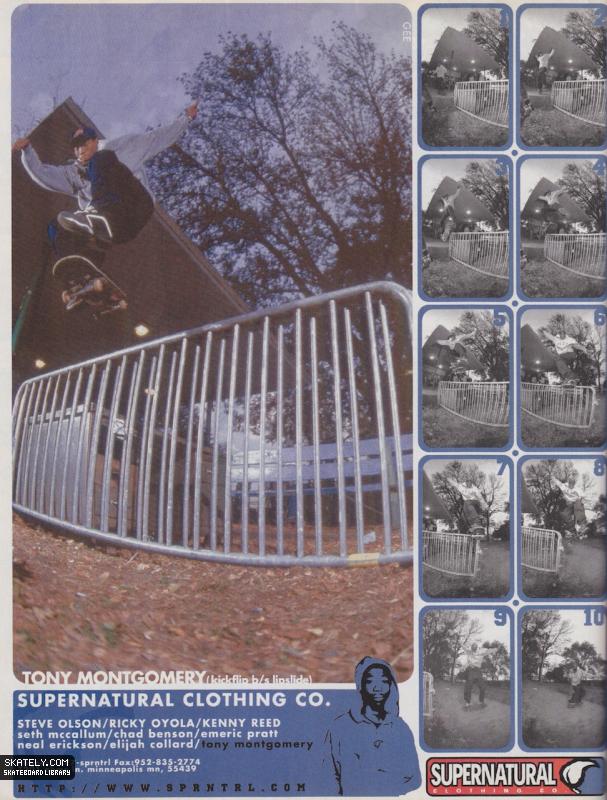 One of the brand's magazine ads. Tony Montgomery, kickflip backside lipslide.